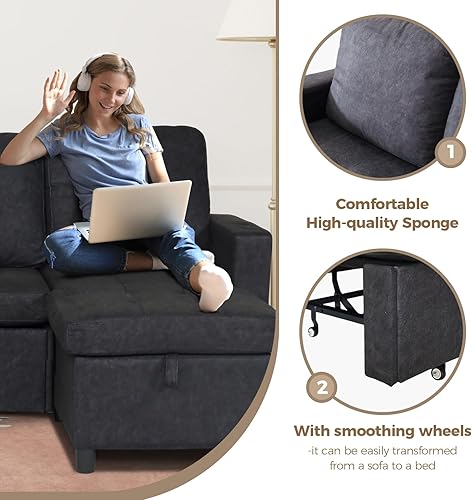 Miniatura 7 de FHFO Sofá cama extraíble, sofá cama convertible con cama de almacenamiento, sofá pequeño en forma de L para espacios pequeños, sofá cama extraíble 3