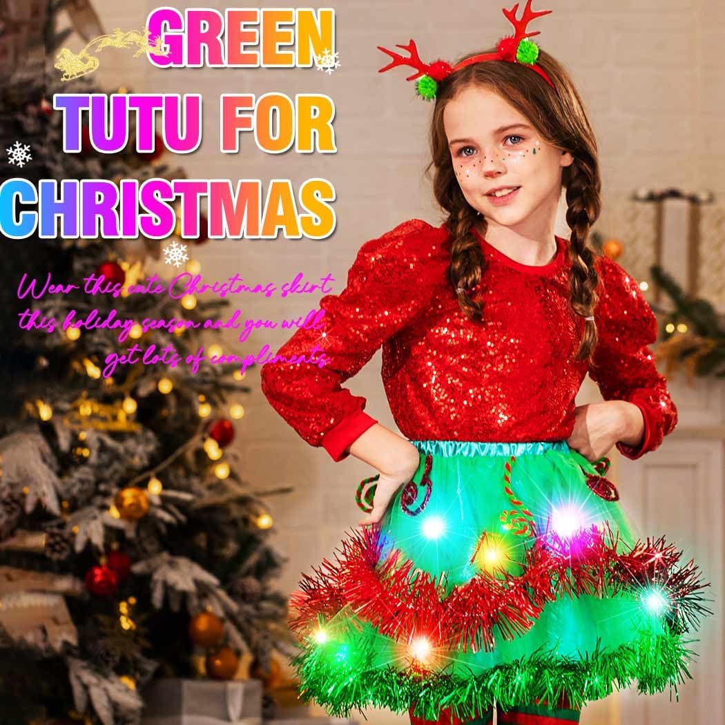 Nicute Light Up Girls Christmas Tutu with Antler Headband Green Layered Glow Tutu Skirt Holiday Tutus Costume for Kids