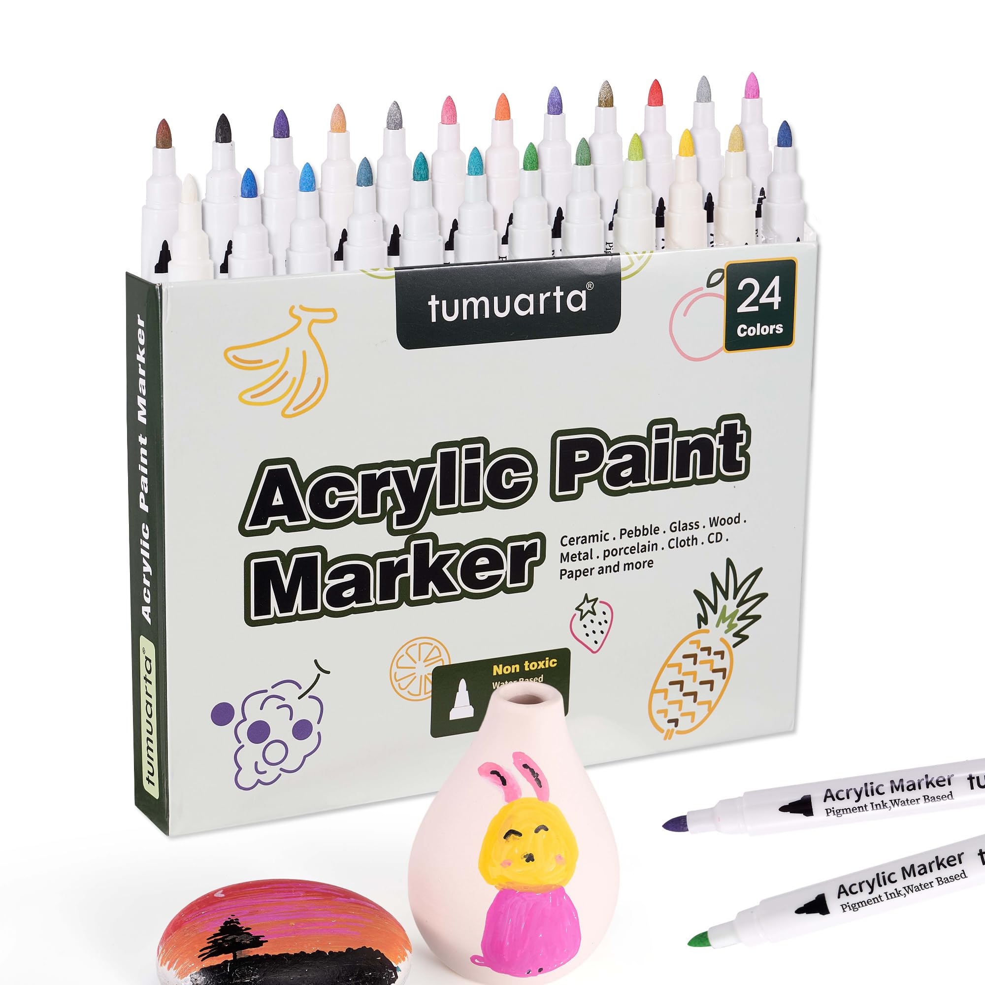 tumuarta Acrylic Paint Pens Markers,24 Colors Set, Fine Tip, Water Based，Pigment Ink, DIY Craft for Paper, Porcelain, Wood, Rocks, Glass, Ceramic, Pebbles and More Surface. (24)