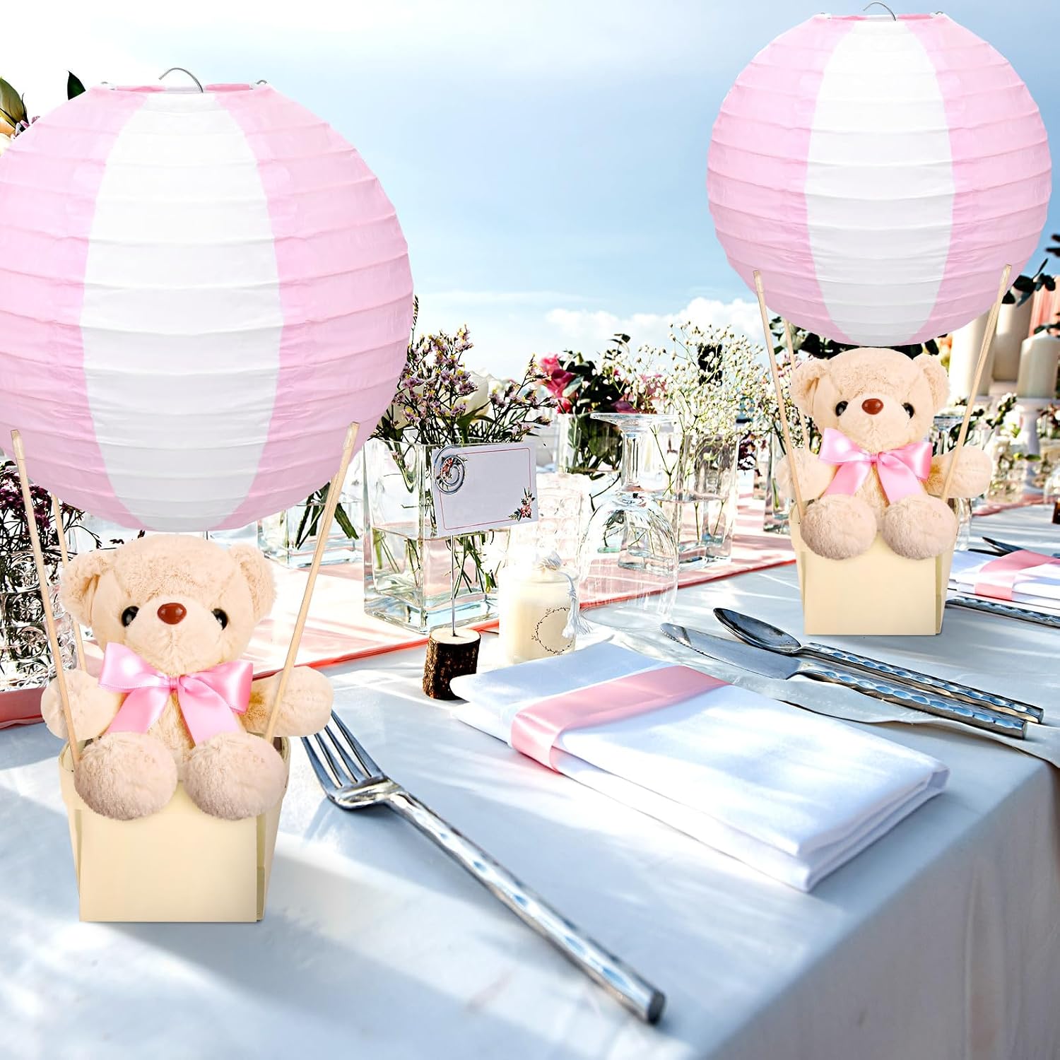 Baquler 12 Sets Baby Shower Hot Air Balloon Table Centerpieces DIY Paper Lanterns Stuffed Plush Bear Wooden Baskets for Wedding Birthday Gender Reveal (Pink)