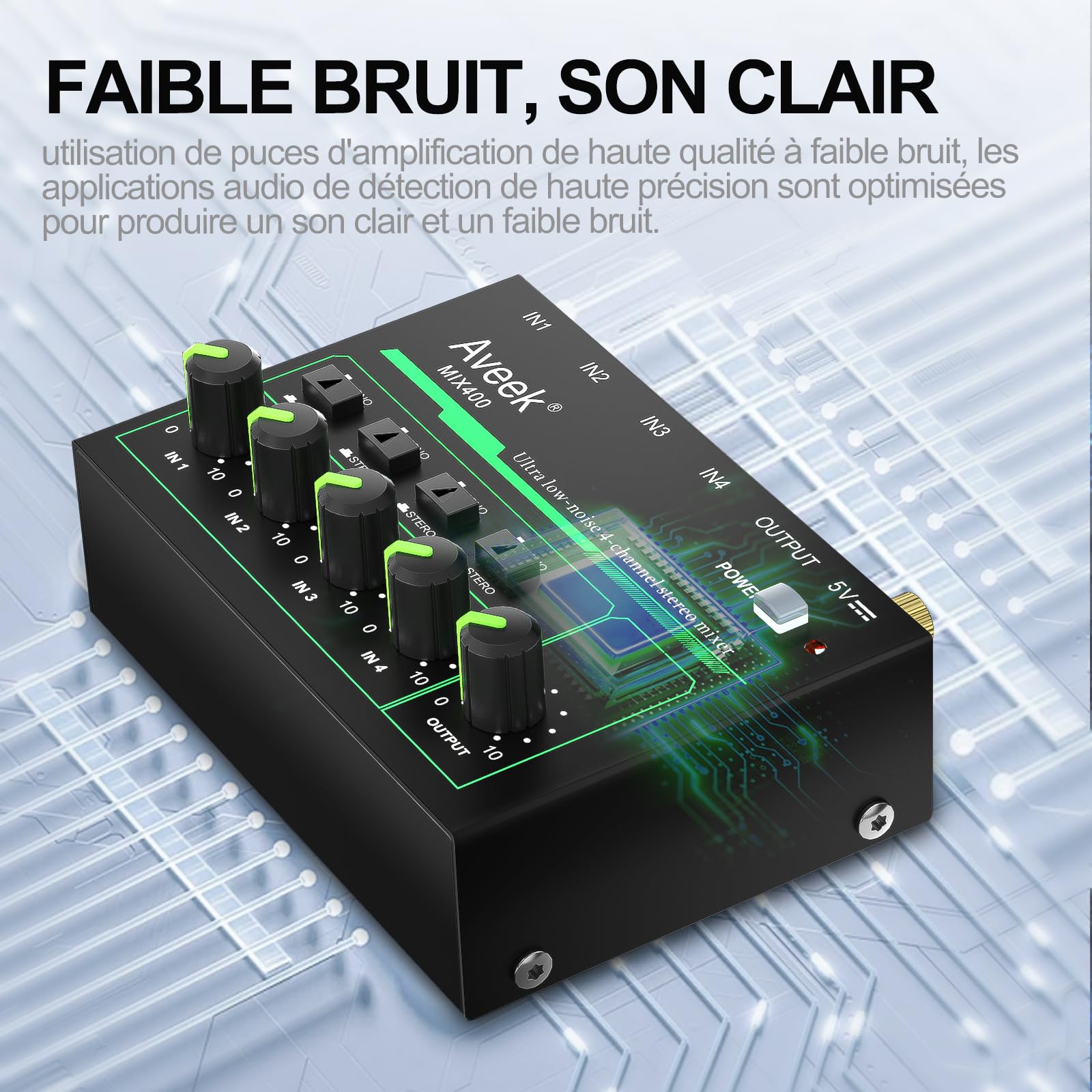 Aveek Mini Line Mélangeur audio 4 canaux avec commutation stéréo/mono et fonctionnement à faible bruit pour un sous-mixage de précision, entrée/sortie TRS 6,35 mm, idéal pour