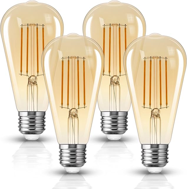 Fulighture E27 Edison Light Bulbs, ST64 Vintage LED Light Bulbs, Energy Saving Filament Bulb 2700K Warm, 4W(40W Equivalent), Amber Glass for Living Room, Bedroom, Not Dimmable, 4 Pcs