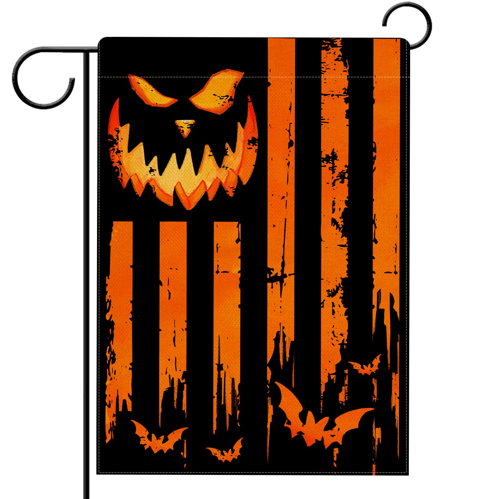 Hzppyz Halloween Jack O Lantern Garden Flag Double Sided, Bat Stripes Holiday Decorative Yard Outdoor Home Small Decor, Fall Autumn Orange Black Burlap Outside House Decoration 12 x 18