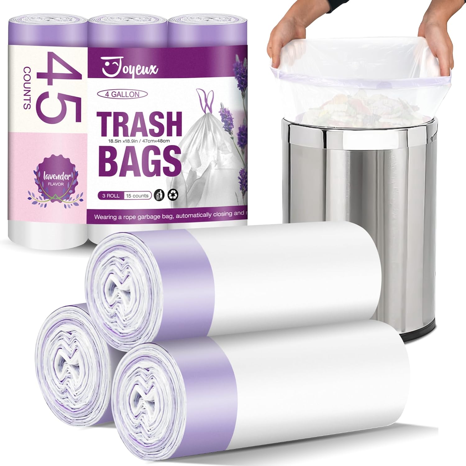 JOYEUX Small Trash Bags 4 Gallon – Drawstring Small Garbage Bags, White Mini Trash Can Liners for Bathroom, Bedroom, Office, Faint Scented, 45 Count