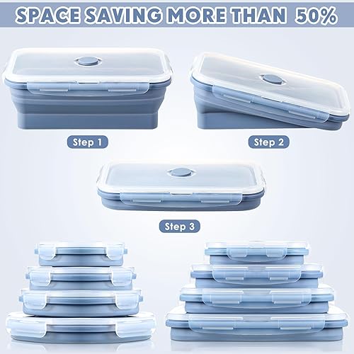 Miniatura 3 de Nuanchu 8 recipientes plegables de almacenamiento de alimentos de silicona herméticos con tapas, rectangulares y redondos, apilables, para