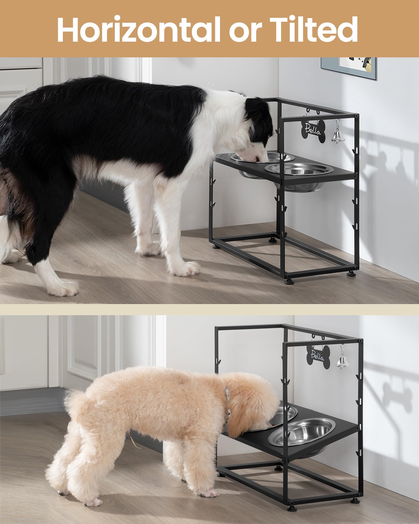 Hzuaneri Ciotole per Cani Rialzate, 8 Ciotole per Animali Regolabili in Altezza con 2 Ciotole in Acciaio Inossidabile, Design Inclinato, con Targhetta per Nome e Campanello, Nero PB07201B