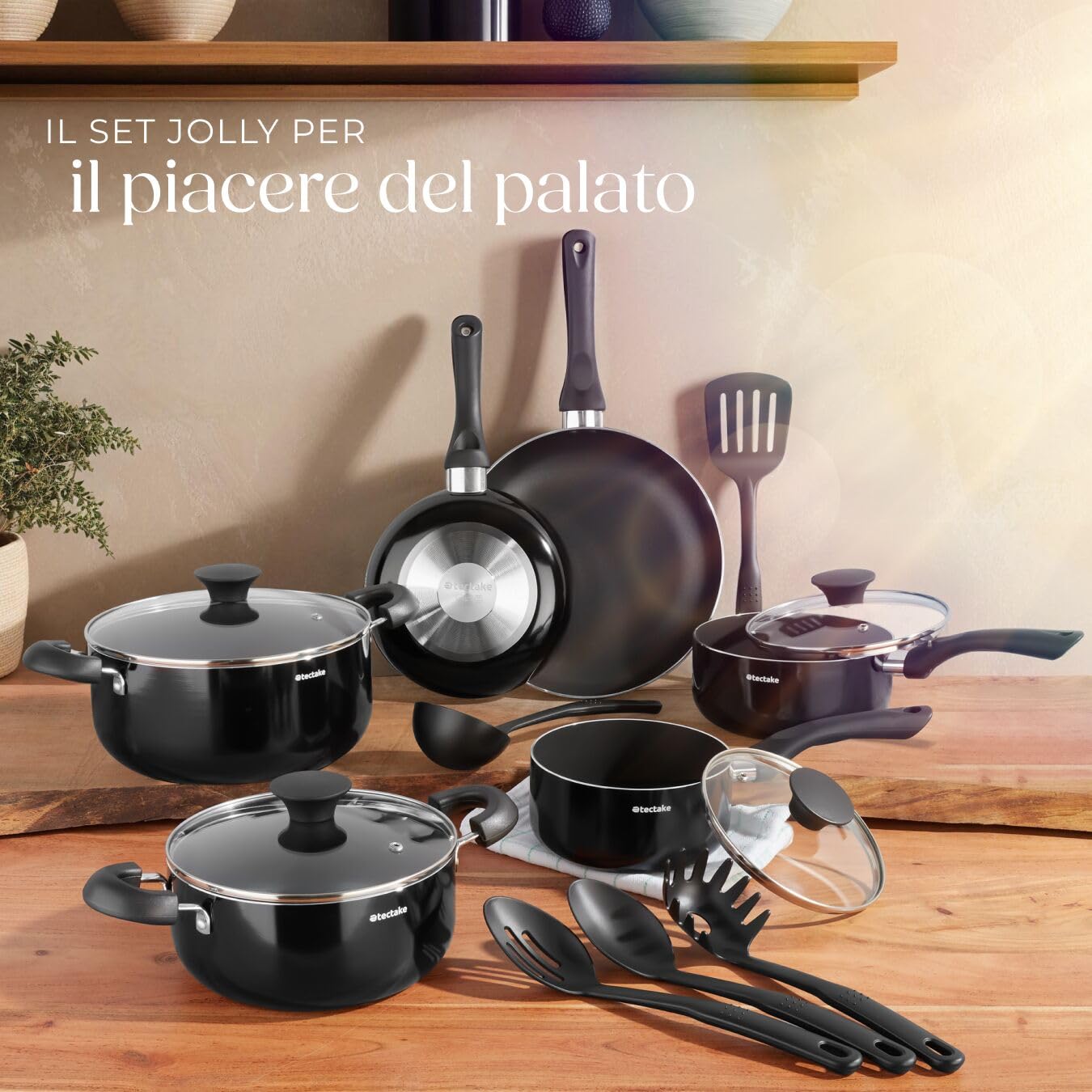 tectake® Set di Pentole Antiaderenti 15 Pezzi, Batteria di Pentole e Padelle in Alluminio Robusto, Coperchi in Vetro con Foro di Sfiato, Batteria Pentole con Manici Resistenti al Calore - Nero