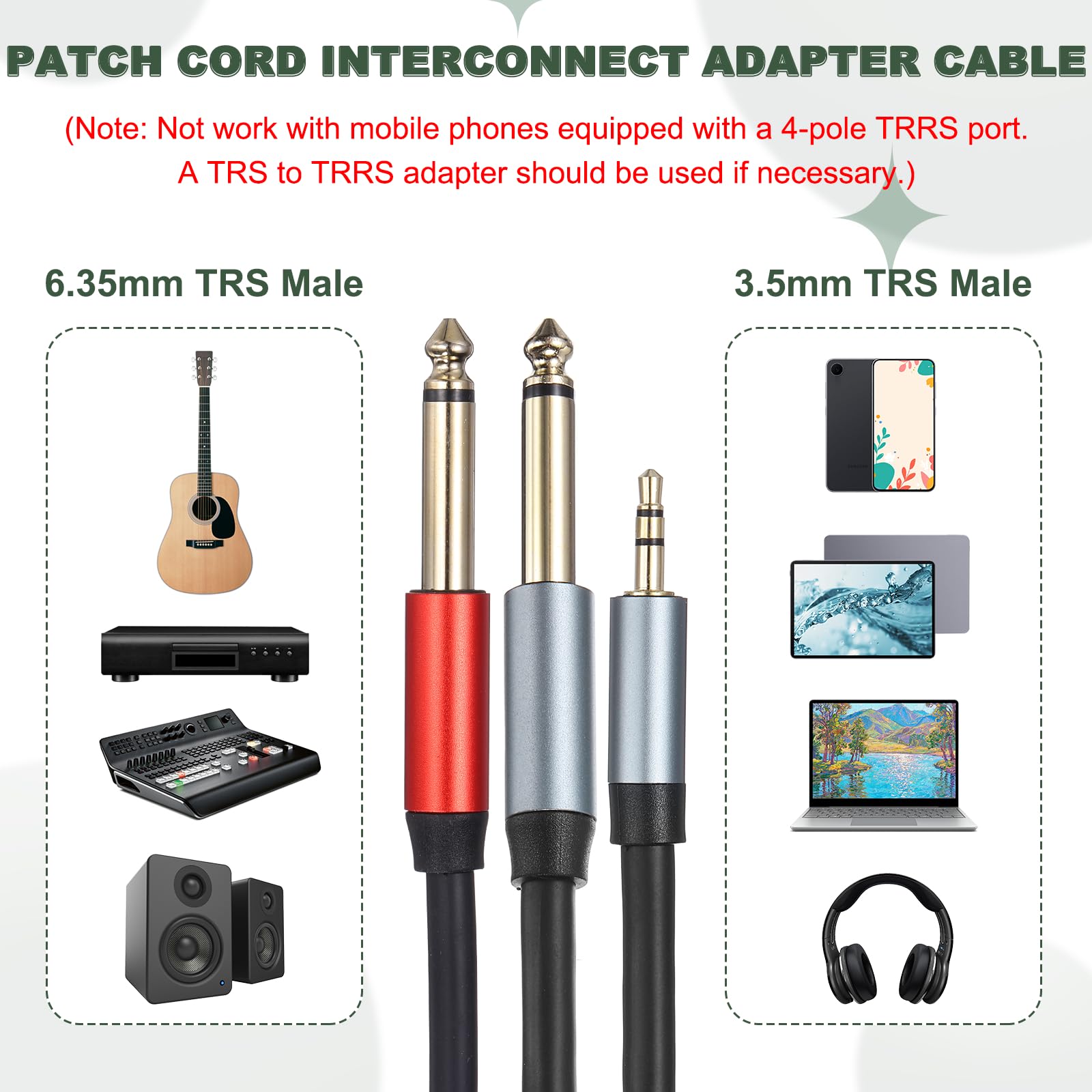 MECCANIXITY Cavo audio TRS da 1/8" a doppio TS da 6,35 mm, 4,6 m, da maschio 3,5 mm a doppio maschio da 6,35 mm, adattatore splitter a Y, cavo stereo per laptop, dispositivi home theater, nero