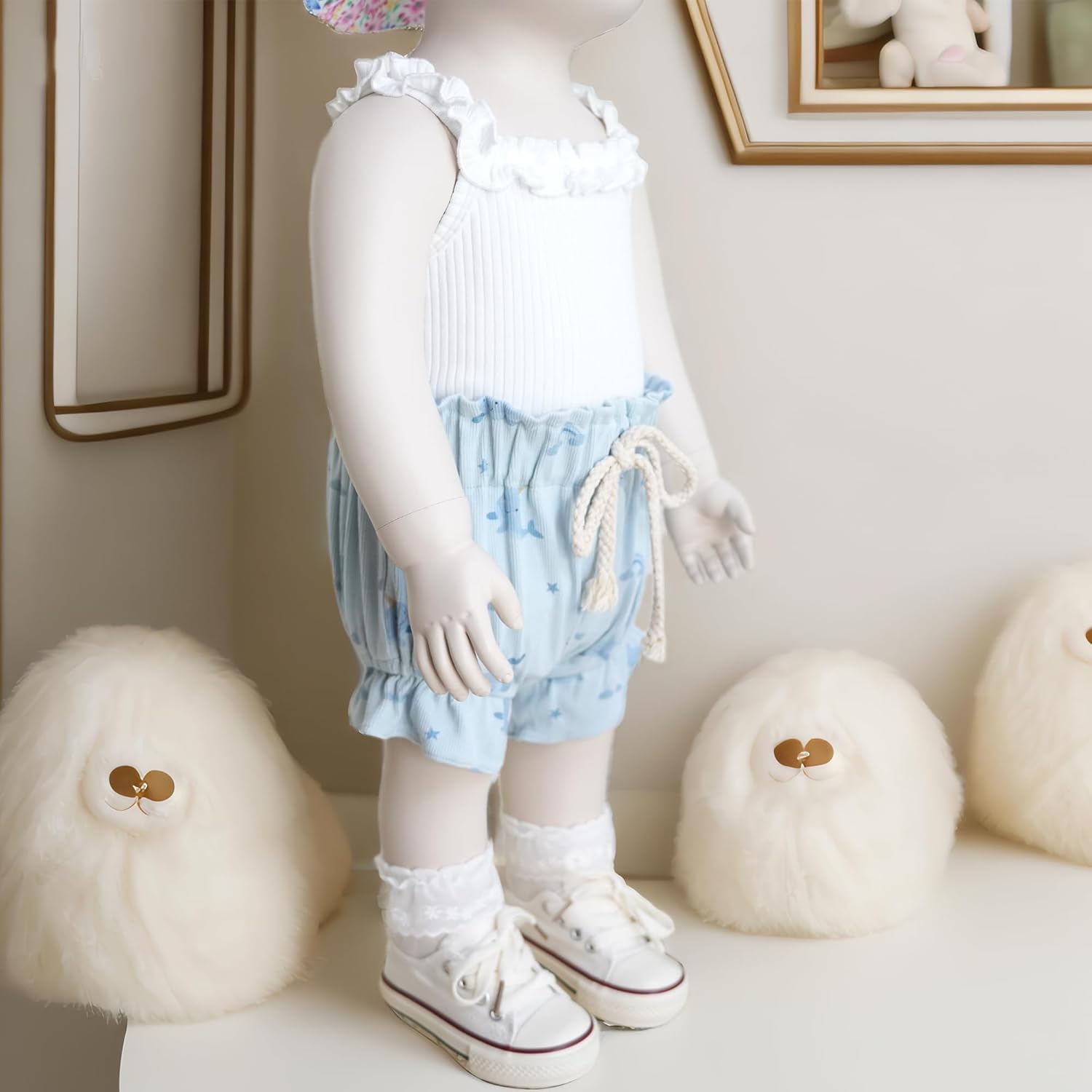 Baby Girls 3-Piece Set Ruffle Onesie, Denim Bloomer & Dolphin Print Shorts Summer Outfits for 3-18M