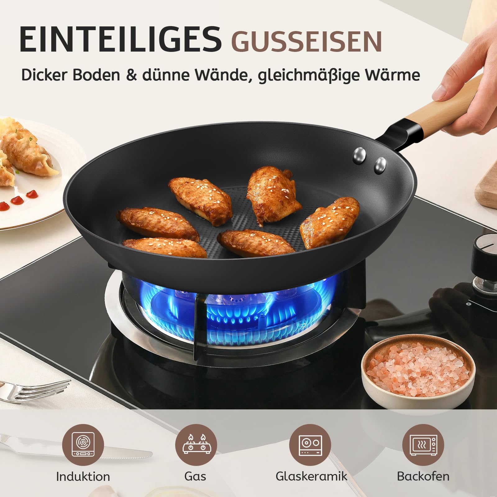 YUTANN Gusseisenpfanne, Antihaft-Bratpfanne, Frying Pan, Abnehmbarer Holzgriff, PFAS-Frei/PFOA-Frei, Beschichtete Pfanne Für Gasherd Induktion Oven (Schwarz, 28cm)