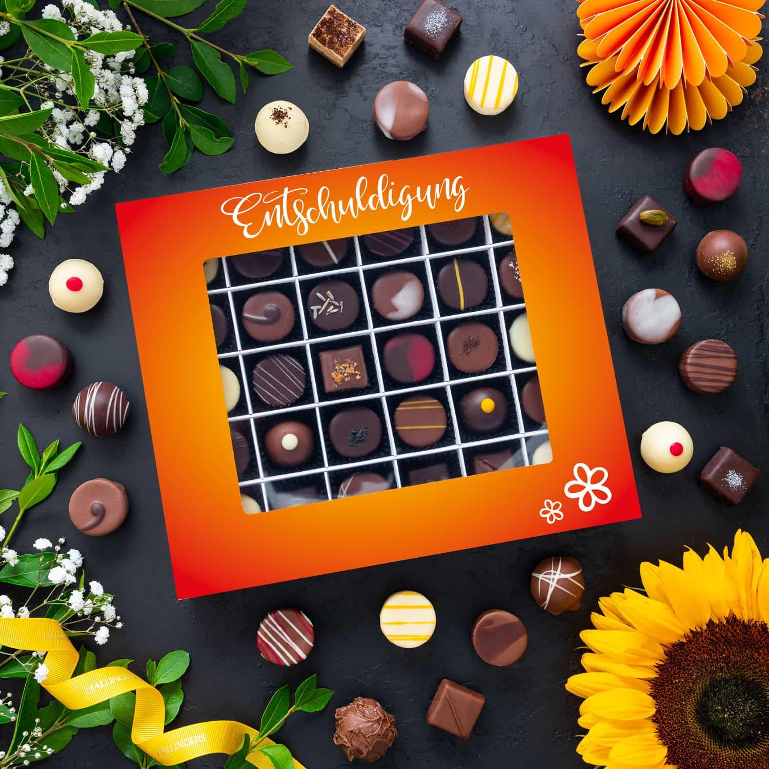 Hallingers Genuss Manufaktur Pralinen Geschenk - ohne Alkohol, handmade aus Confiserie-Edelkakao in wertiger XXL-Geschenkbox "Entschuldigung", Geschenkidee für Frauen Männer