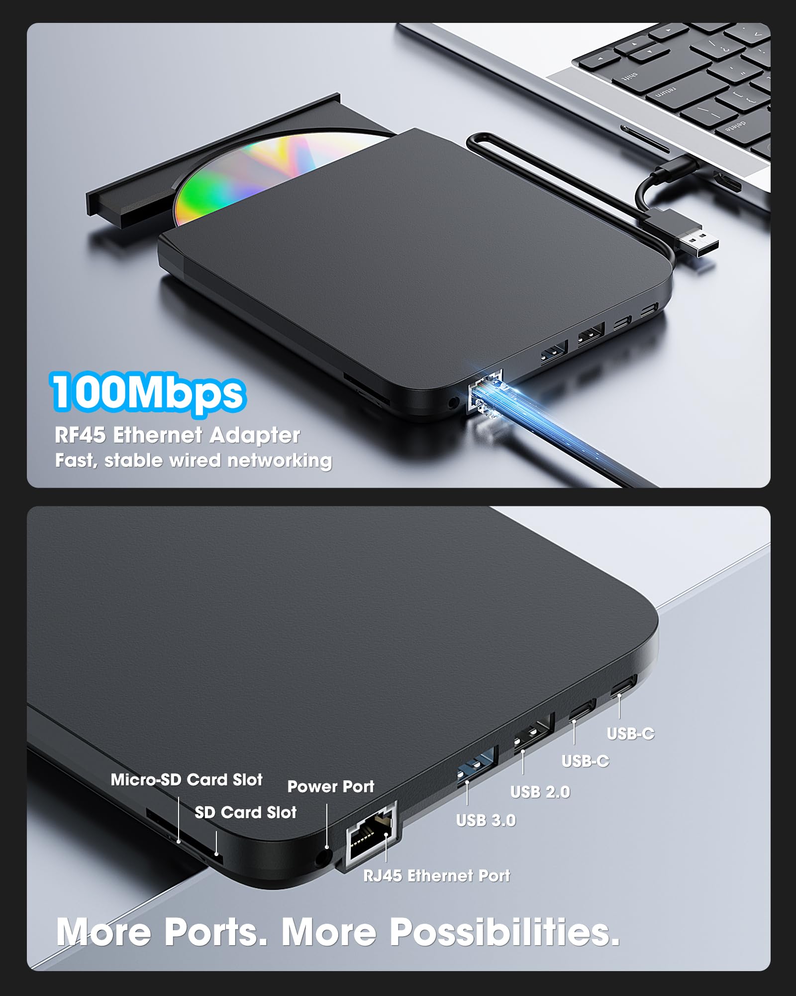 ROOFULL Lecteur CD DVD externe USB 3.0 avec adaptateur Ethernet, ports USB-A/C, fente pour carte SD/TF, étui de transport, lecteur CD DVD USB-C, graveur lecteur de disque optique pour Windows et Mac