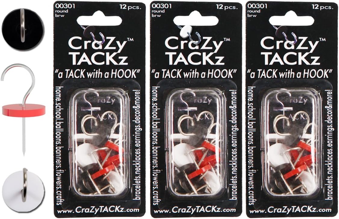 CraZy TACKz Black, White & Red 3pk=36 Tacks New Invention - 2 in 1: Push pins & Hook - Hang 100's of Items & Interior or Exterior Decor at Home, School, Office, DIY, for Party or Holiday (BWR 3pk)