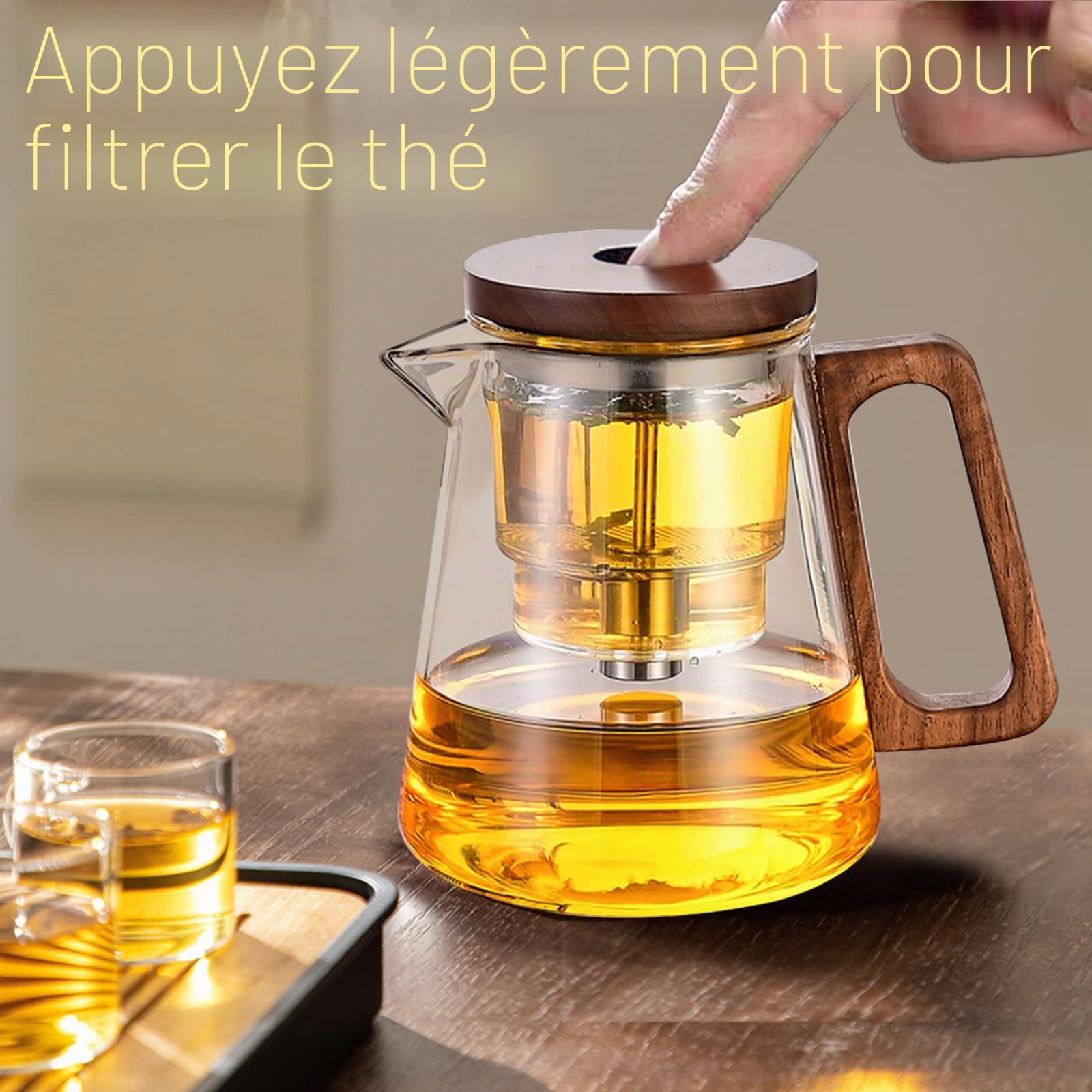 Théière Magique 800ml, Théière en Verre avec Infuseur, Tea Pot en Verre avec Séparation de L'eau, avec Poignée en Bois, Tea Pot Transparente, pour Brasser, Filtrer les Feuilles en Vrac