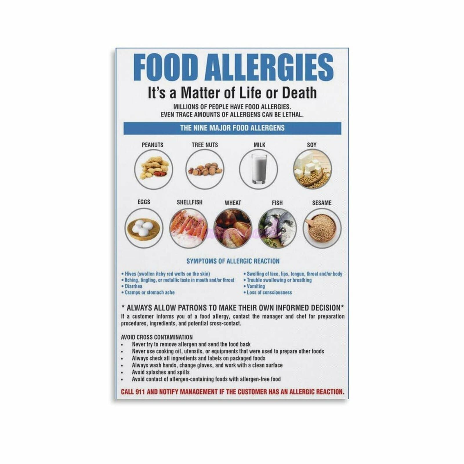 NWPNLXEA Safe Serving Reminder Canvas Wall-Art Food Allergen Awareness Poster for Catering Business Home Kitchen Framed,16x24inch(40x60cm)