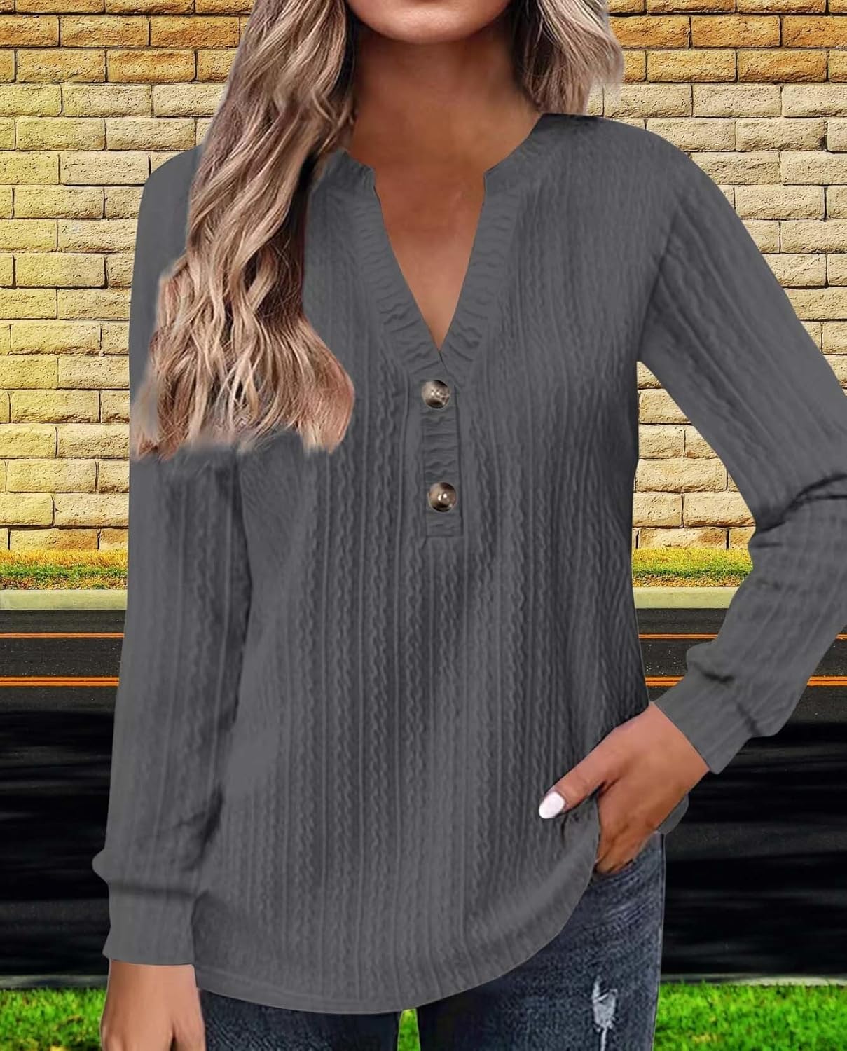 2025 Fashion Must Have Womens Long Sleeve V Neck Henley Shirt Loose Casual Shirt Warm Winter Knitwear - Image 3