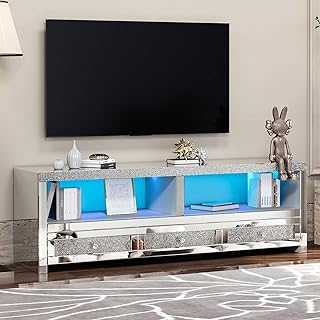 COSVALVE Silver Mirrored TV Stands for 65 Inches TVs with 8 Colors LED L...
