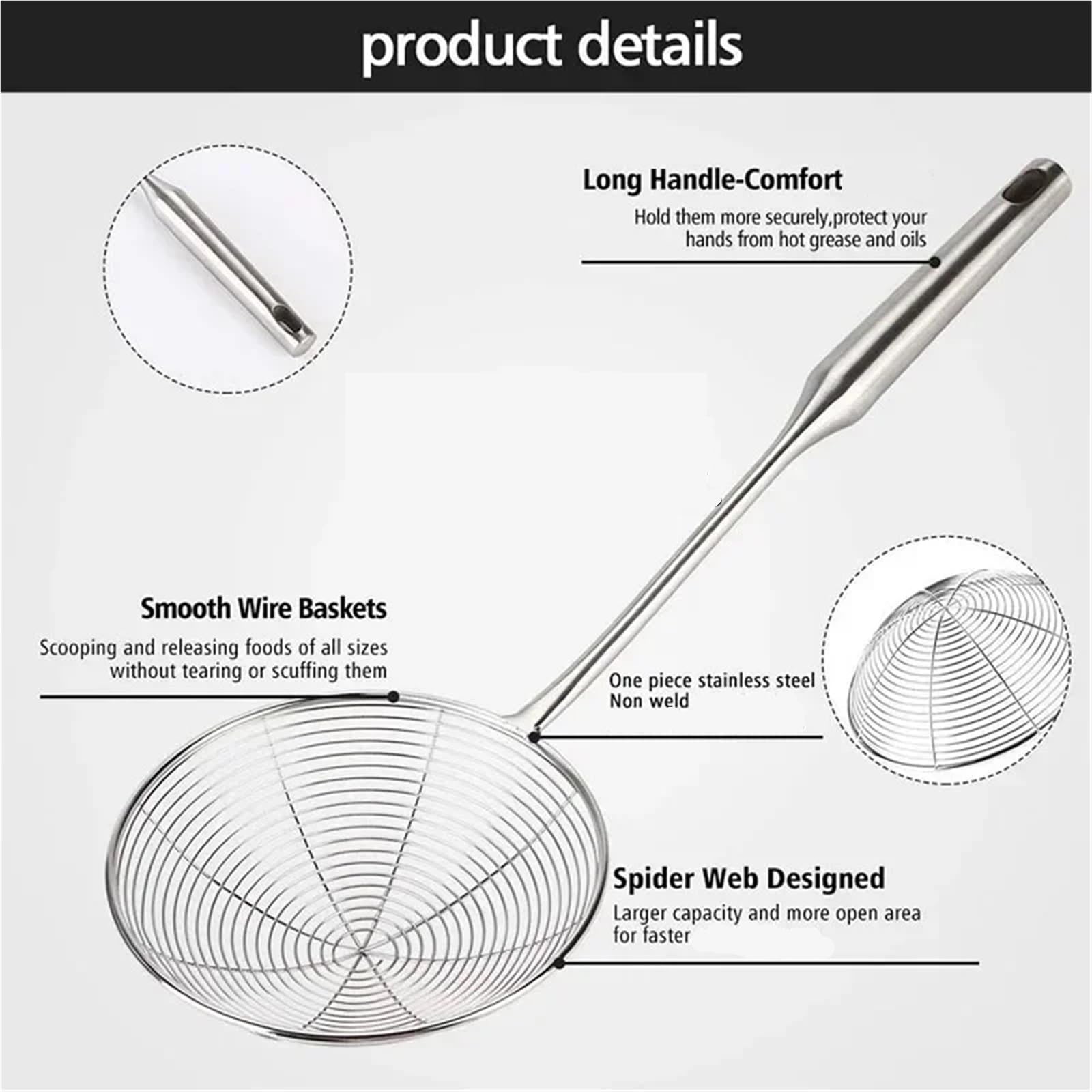 2 Stück Küchensieb aus Edelstahl Für Lebensmittel | Schaumkelle for Kochen und Braten, Drahtgeflechtlöffel mit langem Griff(44.3cm)