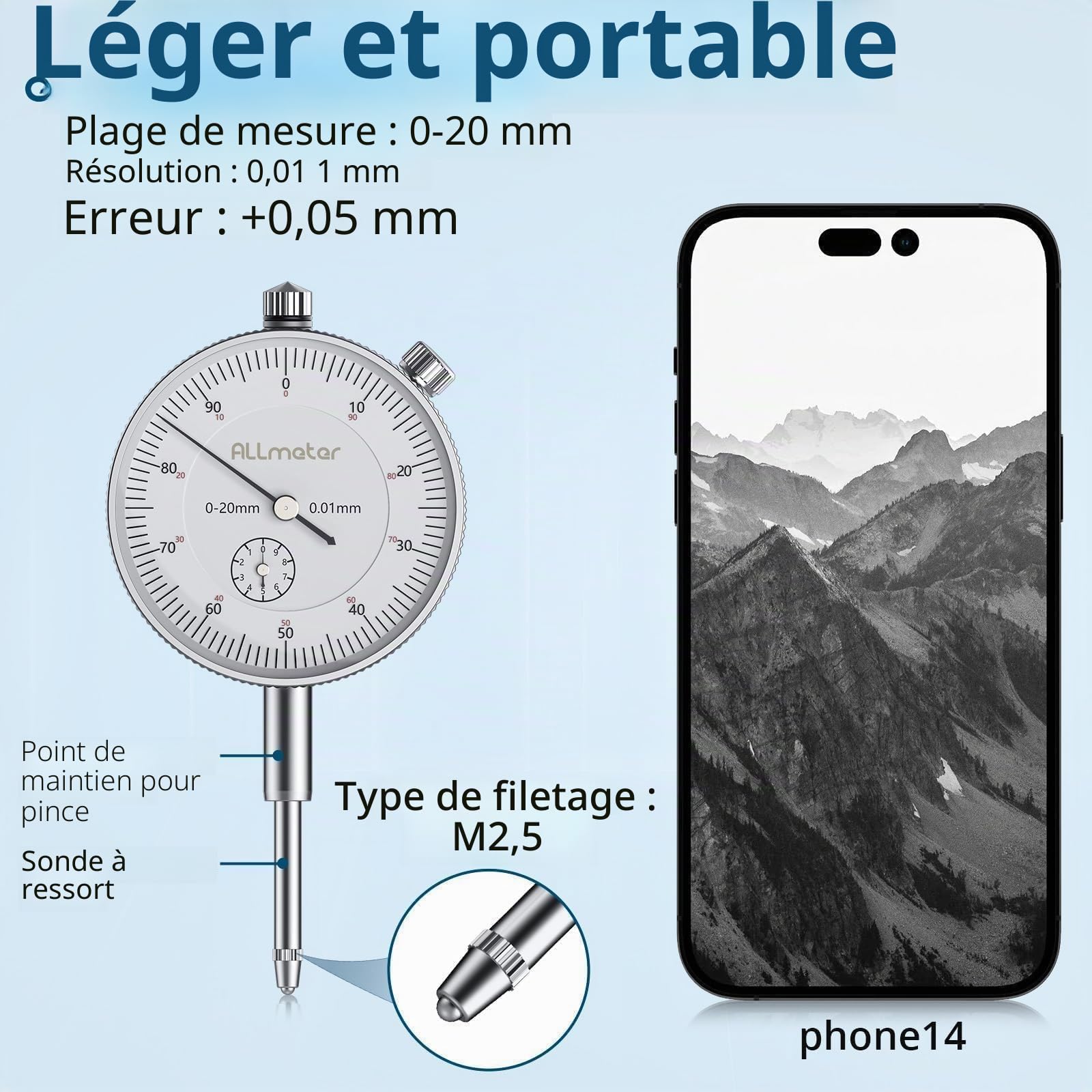 Comparateur mecanique 0-20 mm Avec Base magnétique Traction max 80kg Très flexible, Comparateur précision 0,01 mm, Ensemble d'indicateurs de cadran pour Calibration des plaques de surface