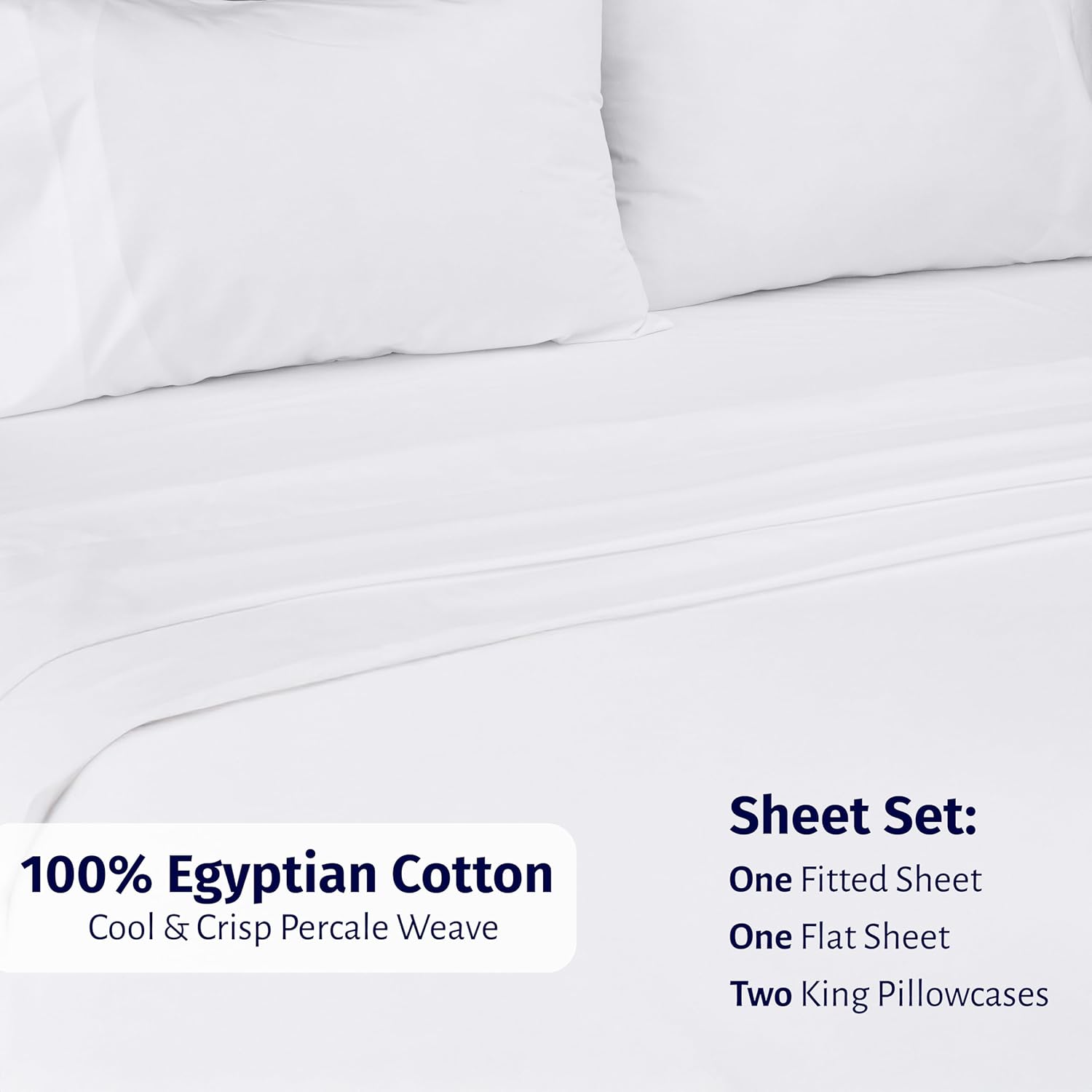California Design Den Certified 100% Egyptian Cotton Sheets King Size Deep Pocket Set - King Percale Sheet Set with Deep Pockets, Lightweight, Crisp, Durable Luxury Bedding - White - Image 3