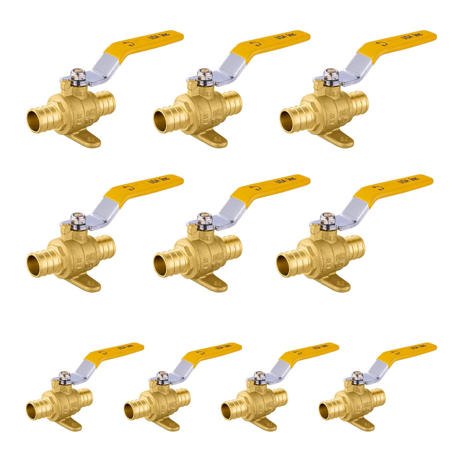 Lot de 10 robinets à boisseau sphérique, 1,9 cm, vanne d'arrêt Pex avec oreille, robinet à boisseau sphérique Pex B en laiton jaune pour tube d'eau, air, carburant, huile, certifié ASTM F1807