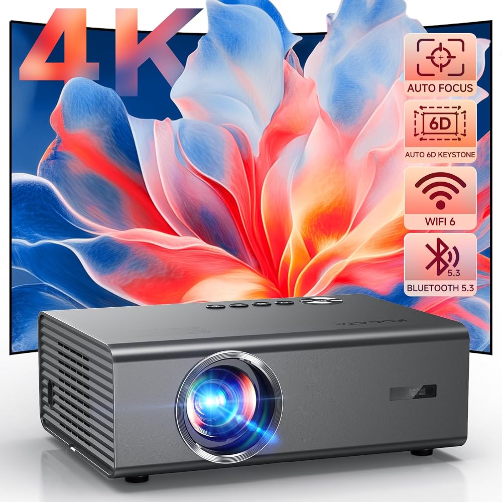 Smart Projector-4K with Auto Focus Keystone Correction Built-in Apps | Dolby Audio Movie Projector with WiFi and Bluetooth, Home Theater Portable Proyector for Bedroom, Backyard, Ceiling