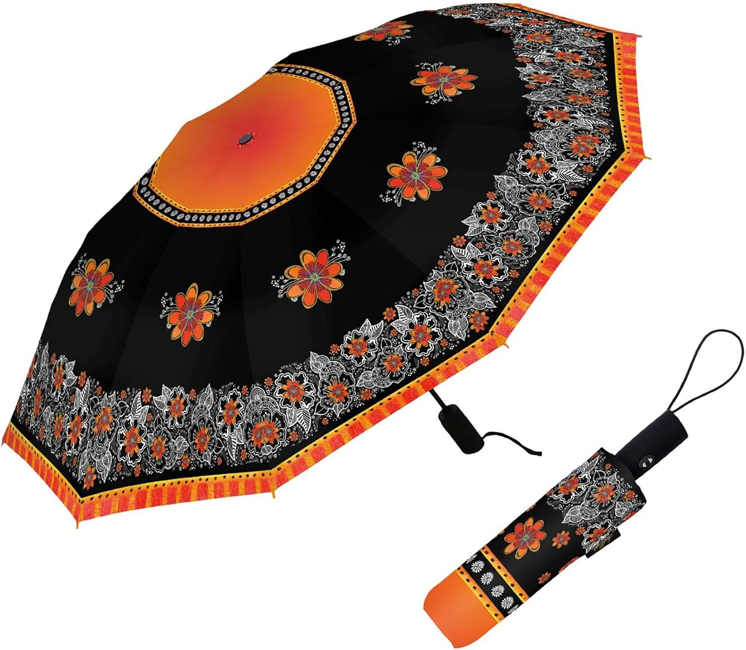 RainCaper Laurel Burch Windproof Auto Open Close 43” Coverage Folding Travel Umbrella with Matching Sleeve