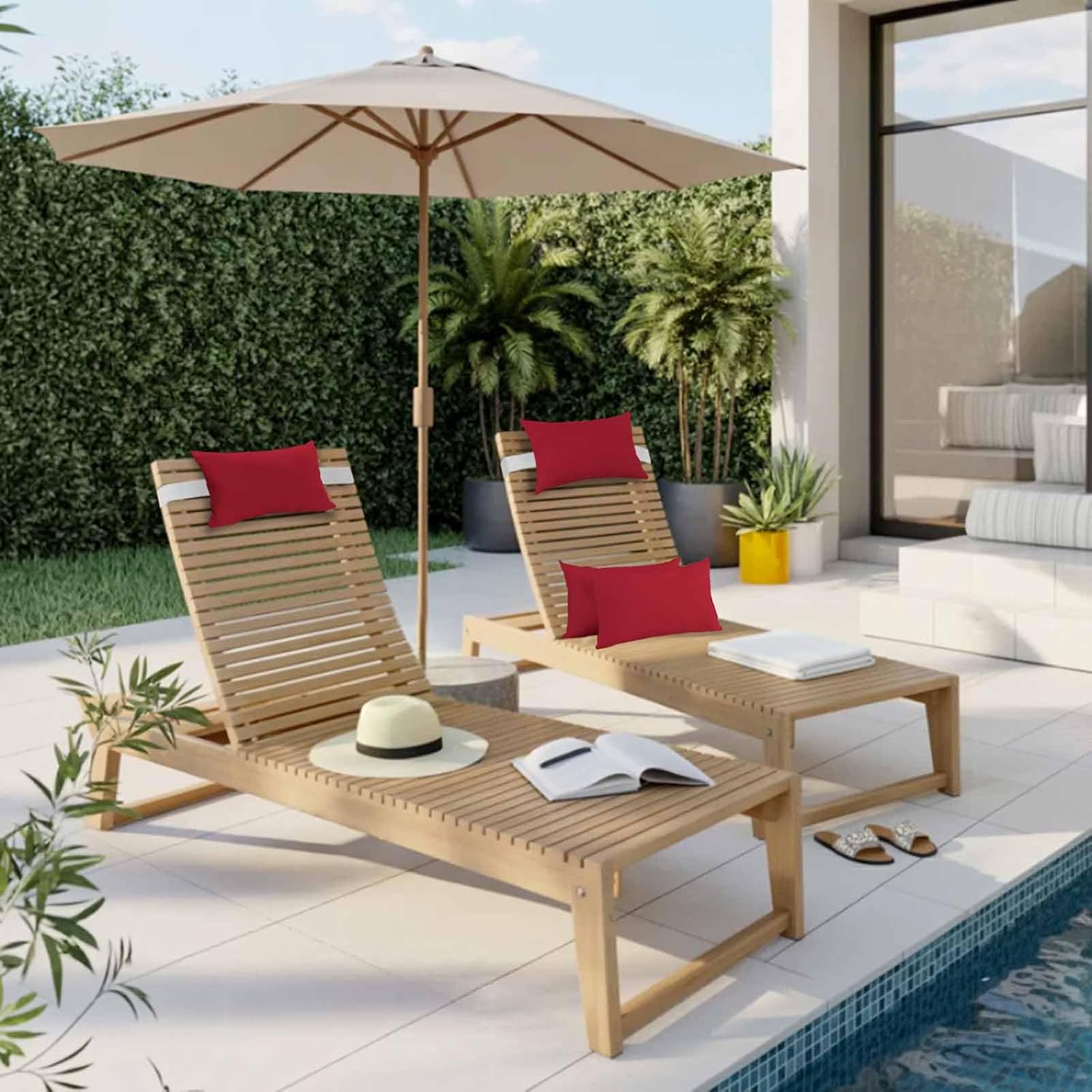 Outdoor Chair Pillow Headrest for Patio Pool Chaise Lounge, Pure Red Recliner Head Pillow, Simple Solid Color Waterproof Pillowcases Adjustable Neck Lumbar Pillows & Insert 12x20x2pcs