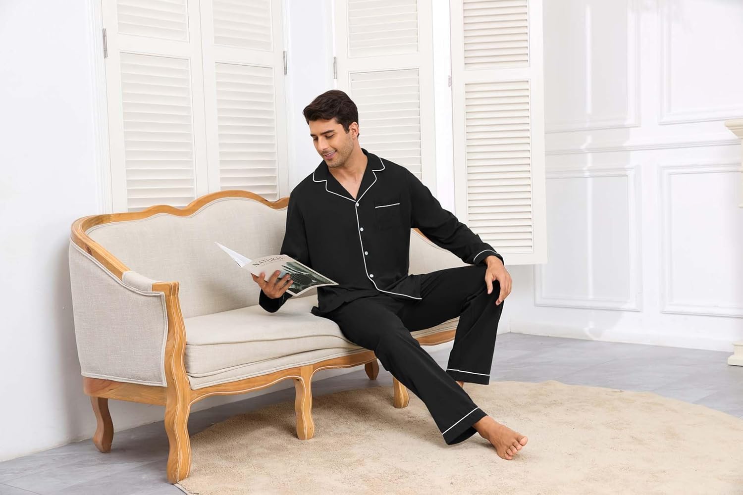 Veseacky Mens 100% Cotton Pajamas Set Long Sleeve Sleepwear Button Down Pjs Loungewear with Pockets - Image 6