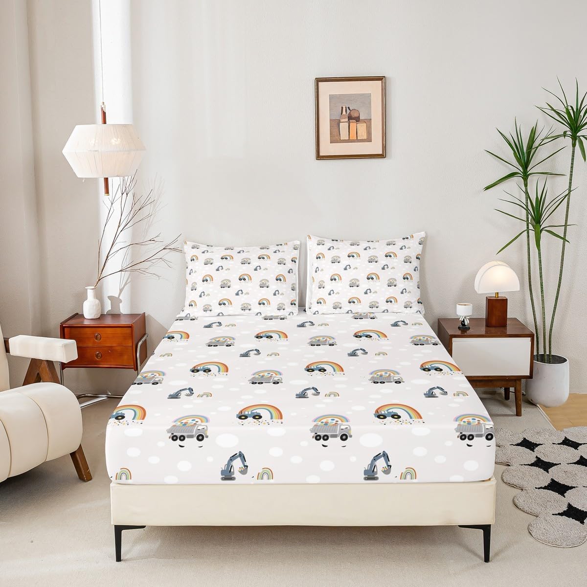 Excavator Tractor Fitted Sheet Full Size,Boho Rainbow Stripes Bedding Set 3Pcs for Teens Women Bedroom Decor,Kids Construction Cartoon Car Bed Sheets Deep Pocket Sheet,2 Pillowcases