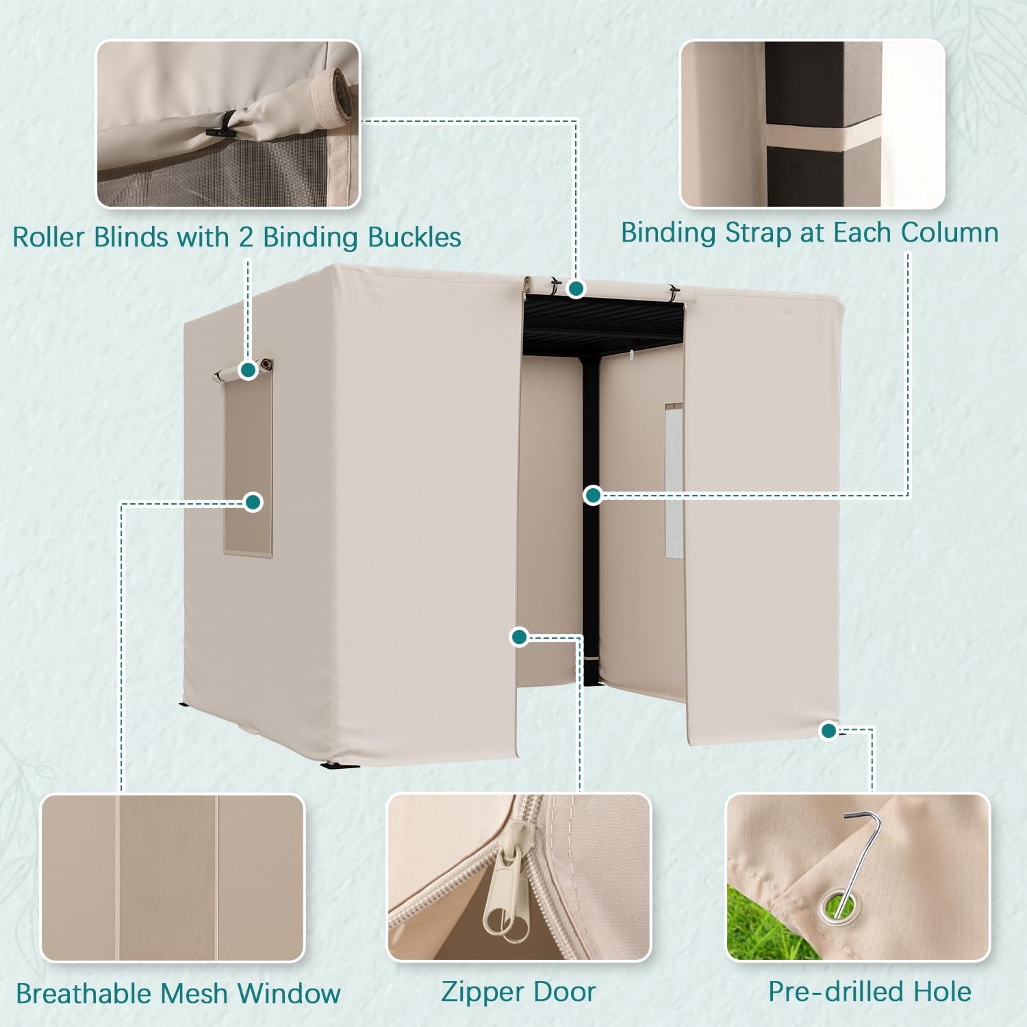 MELLCOM Winter Pergola Cover for 10×10 Pergolas,Universal Waterproof Pergola Covers with Mesh Screens,Door and Windows,Upgrade 420D Oxford Fabric, Beige