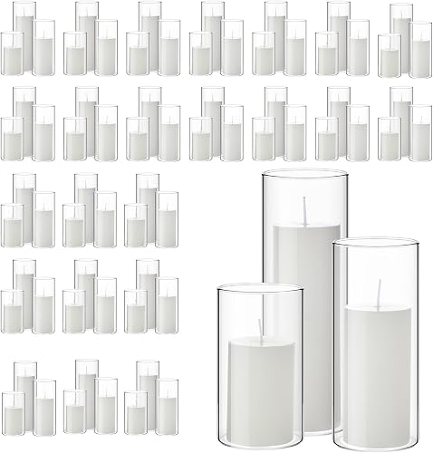 Shihanee 144 Pcs Pillar Candles with Glass Cylinder Vases Slim,White | Slim Pillar Candles in Clear Glass Cylinder Holders, Bulk for Wedding Table Centerpiece, Candle Vases for Elegant Events