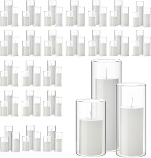 Shihanee 144 Pcs Pillar Candles and Glass Cylinder Vases Clear Cylinder Holders for Slim Pillar Candles Table Decoration (White)
