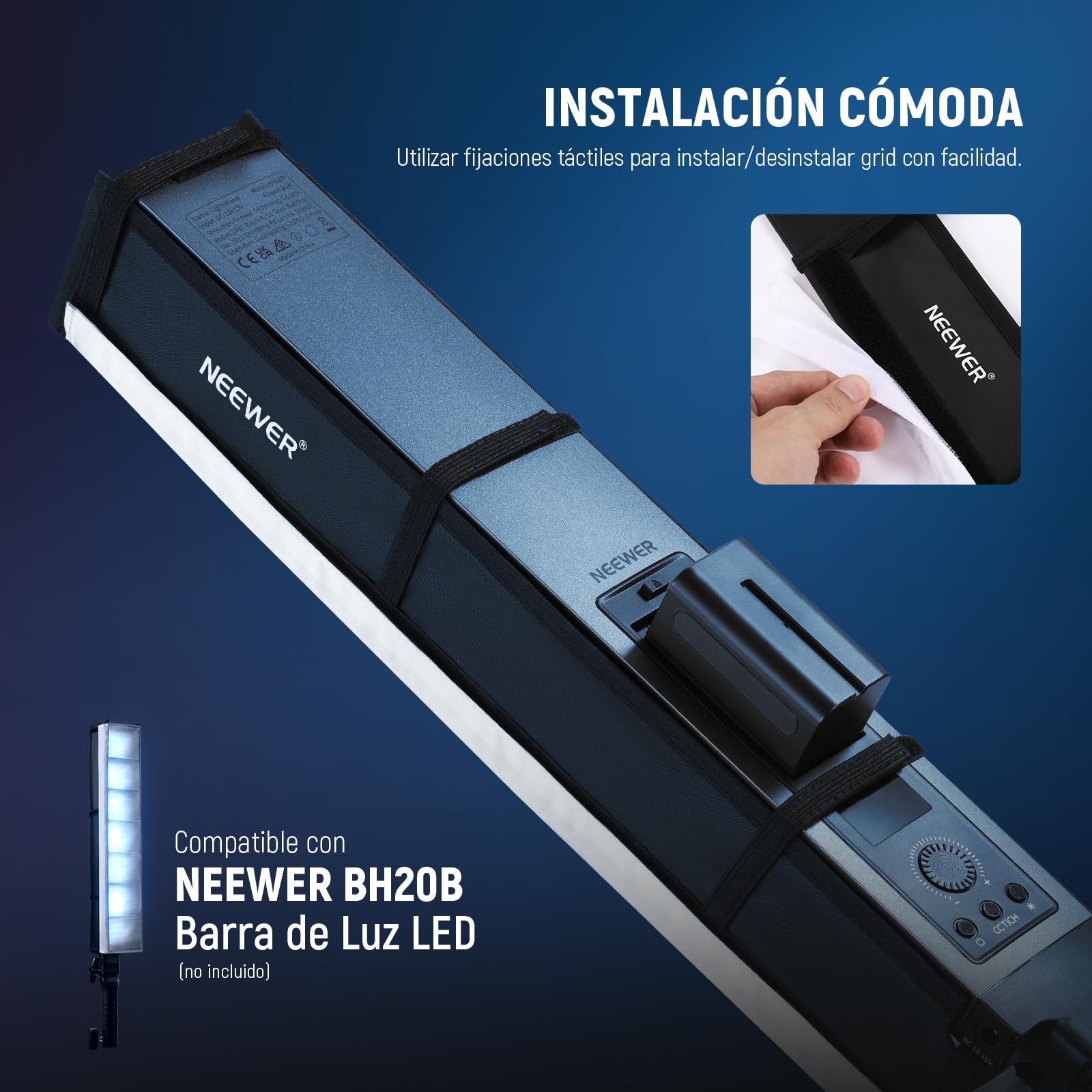 NEEWER Difusor de Softbox de Rejilla de Luz de Tubo para Barra de Luz LED BH20B, 2 Pack Softbox de Tira de Rejilla de Panal con Difusor, Bolsa de Transporte, Cierres Táctiles para YouTube TikTok, NS2S
