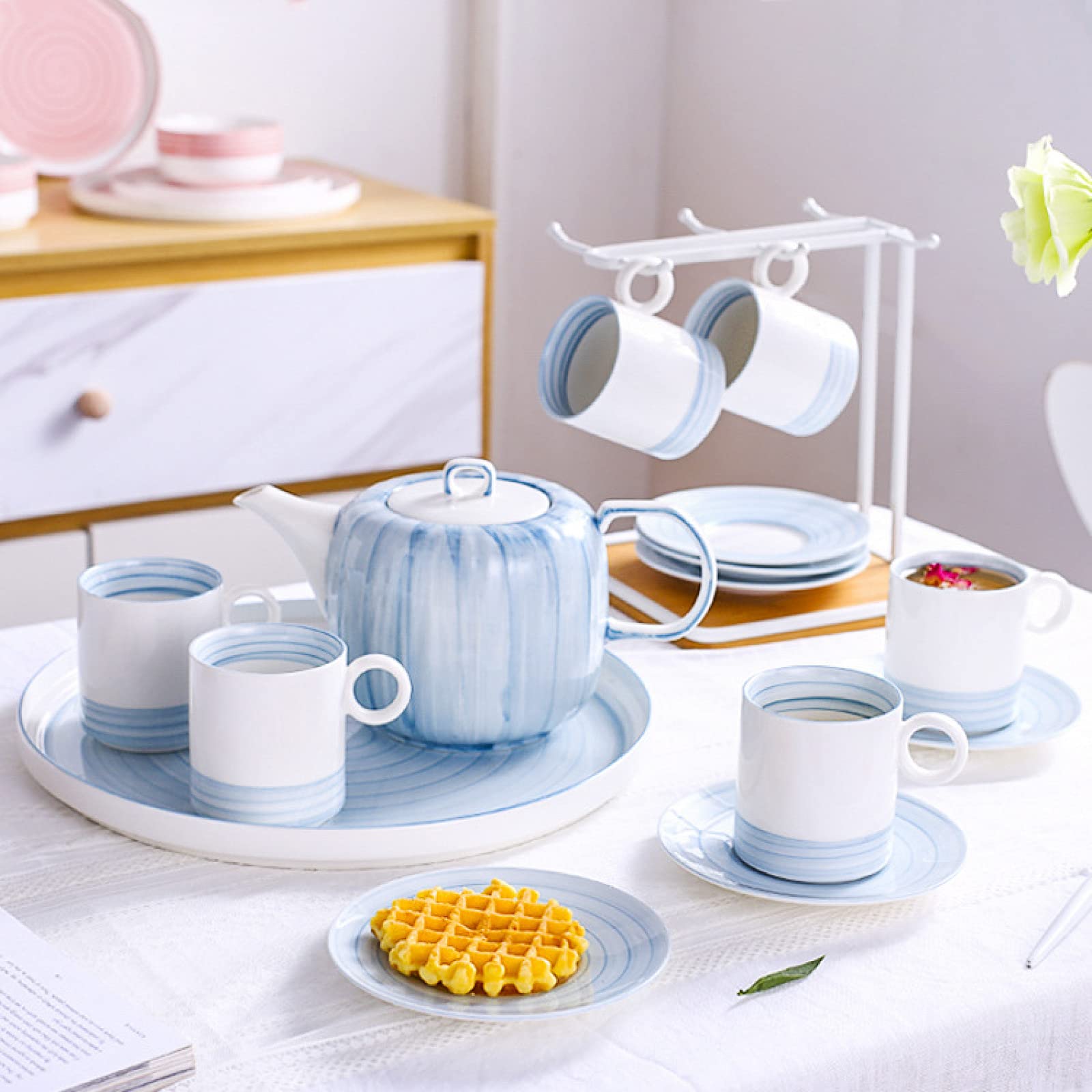 Niebieski porcelanowy zestaw do herbaty dla dorosłych popołudniowa herbata z tacą na filiżankę kawy spodkiem i filiżanką do herbaty idealny na zabawny prezent i relaks