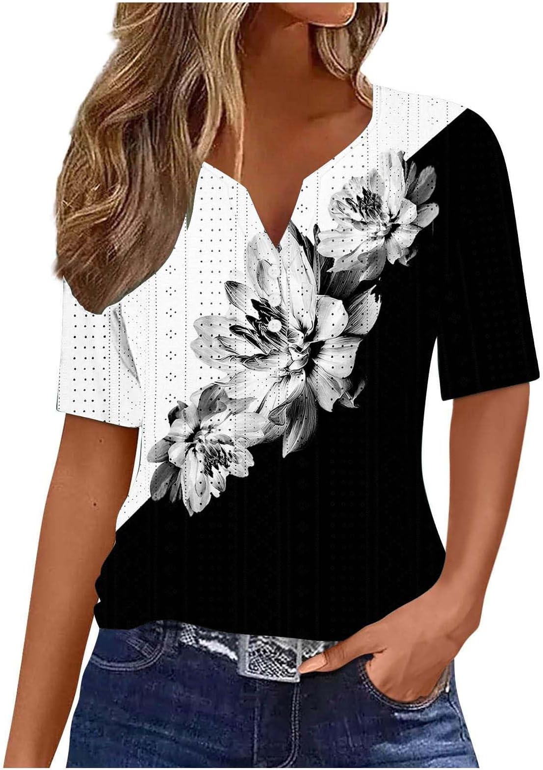 Women Floral Print Summer Blouses Short Sleeve Henley Shirts Tops V Neck Causal Tunic Trendy Boho Clothes 2024
