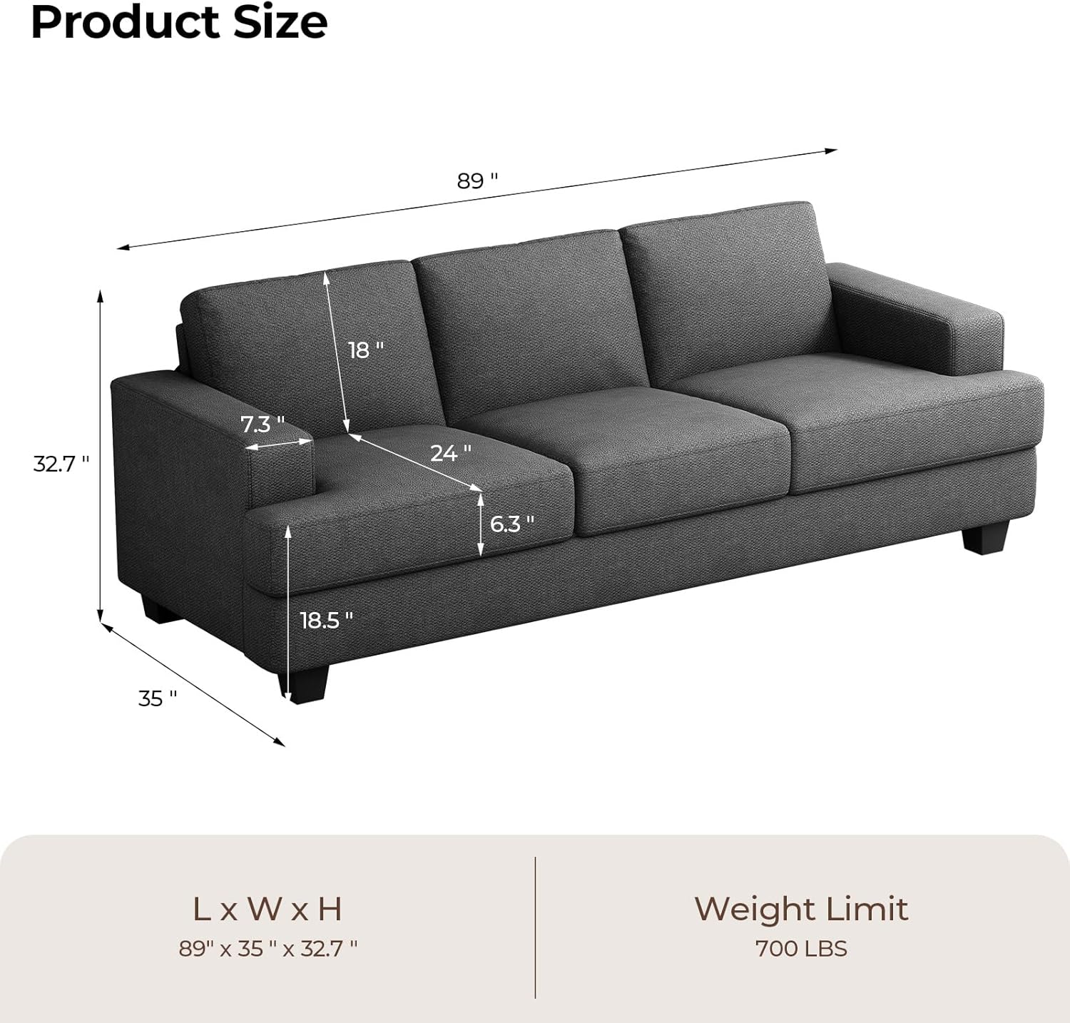 Diagram showing the dimensions of the 89-inch sofa