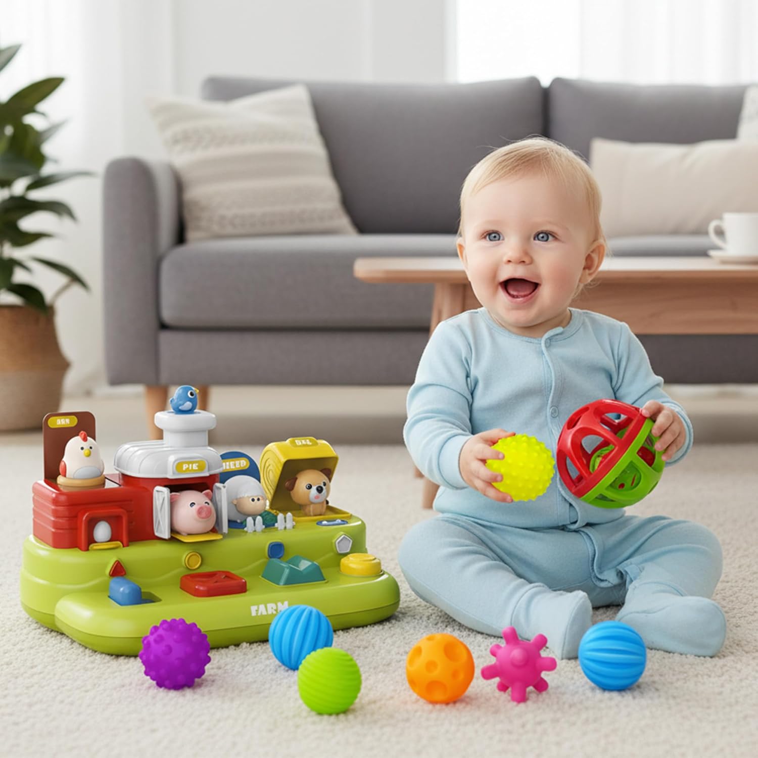 Montessori Toys Bundle: Sensory Balls (Textured) + Baby Pop Up Toy with Music, Hand Catching Balls & Rattle, Cause and Effect Animal Toy, Educational Gifts for Babies 3-12 Months & Toddlers 1-3