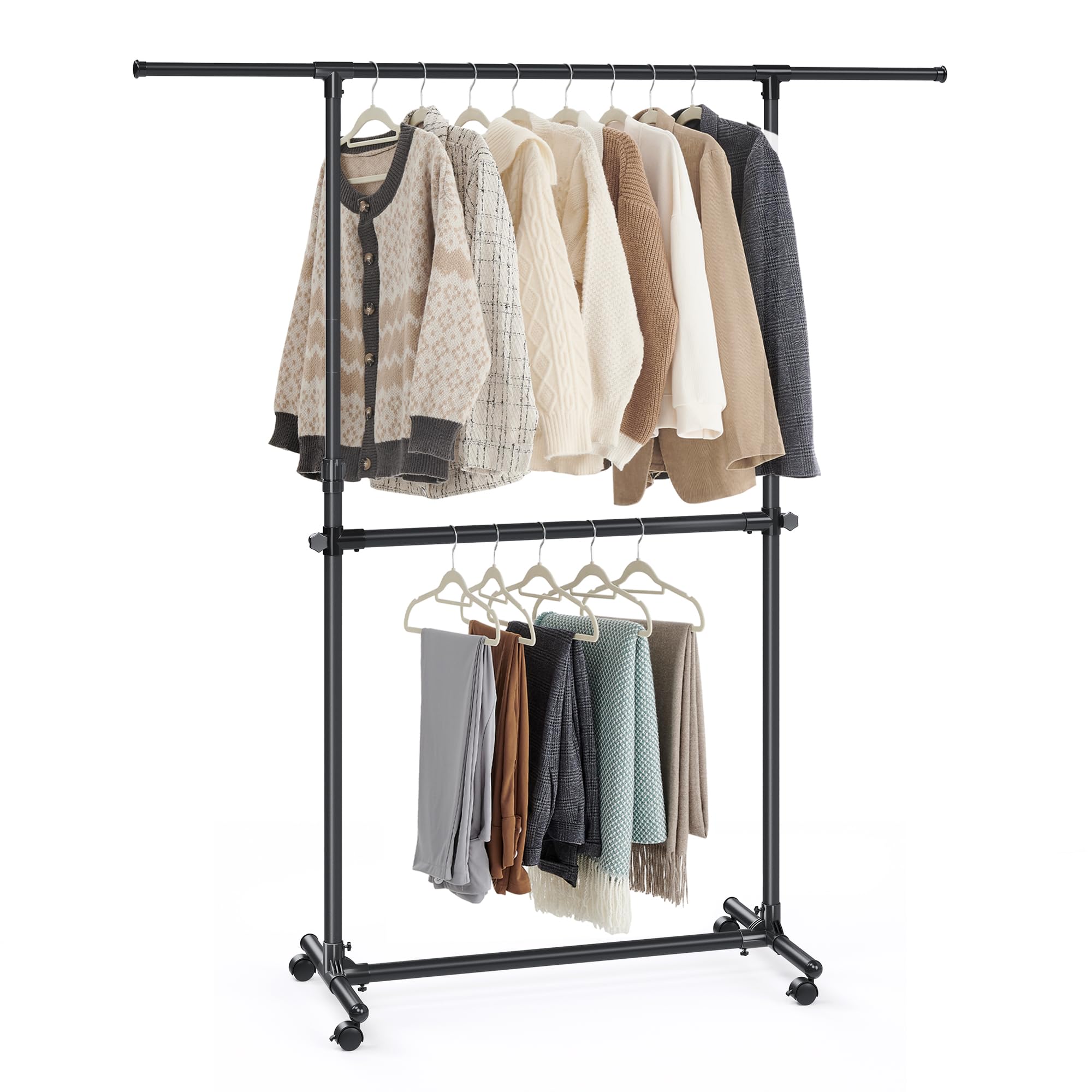 SONGMICS Double Clothes Rail, Clothing Rack with Extendable Top Rail, Clothes Rail on Wheels, 113-180 cm Height Adjustable Clothes Rack, Adjustable Middle Rail, Black LLR401B01 โ image 1