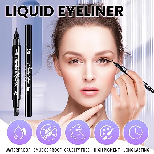 Miniatura 5 de Go Ho 6 lápices de delineador de ojos líquido negro delineadores de ojos punta de fieltro súper delgada de doble cara sombra de ojos de alta