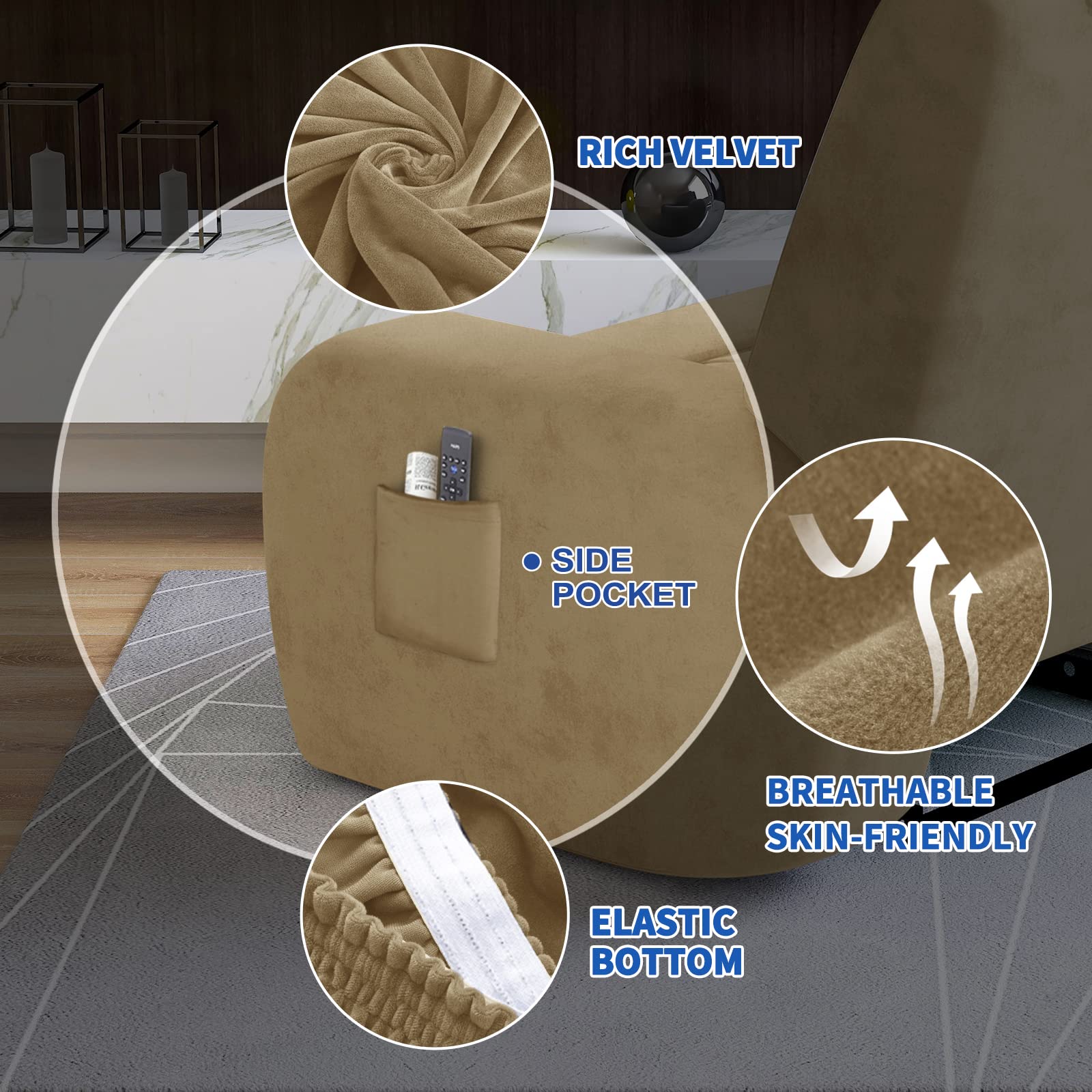 CHELZEN Velvet 4 Piece Recliner Cover Stretch Soft Cover for Recliner Chair Thick Soft Recliner Chair Slipcover (Recliner, Camel) - Image 3
