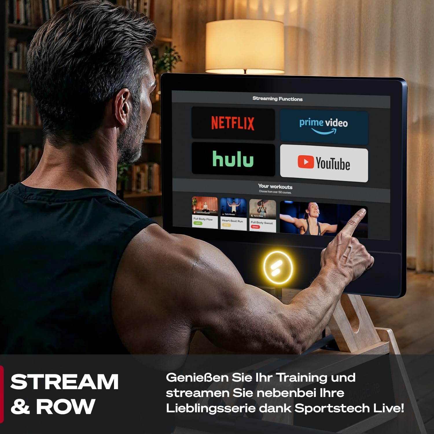 Sportstech AquaElite, Wasser Rudergerät für zu Hause, authentisches Rudererlebnis, Cardio und Ganzkörpertraining, Massivholz, klappbar, LED-Wassertank, 10,1" oder 21,5" Display mit App