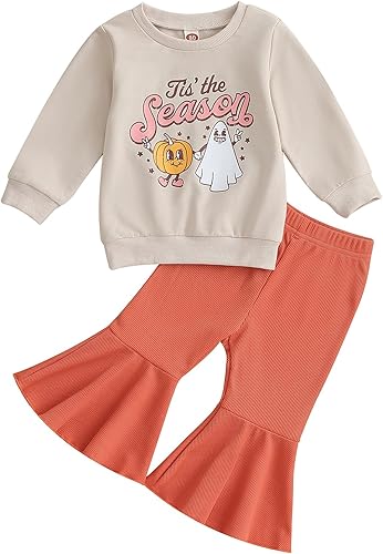 LAGKIYOJ Conjunto de sudadera de Halloween para niña pequeña, sudadera de cuello redondo y pantalón acampanado de terciopelo, ropa de otoño para niña