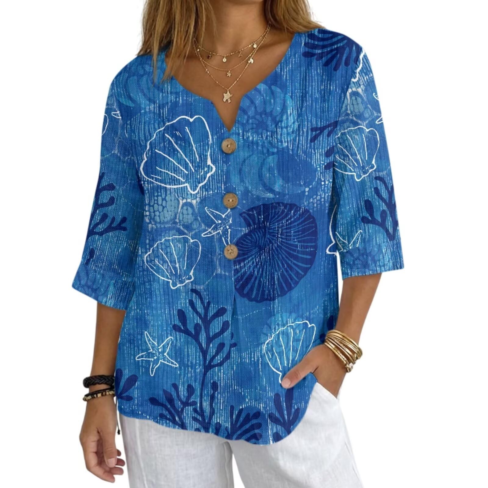 Women's V-Neck Tunic Top, Casual Polyester Linen Blouse with Decorative Buttons, Loose Fit Easy Care Everyday Wear