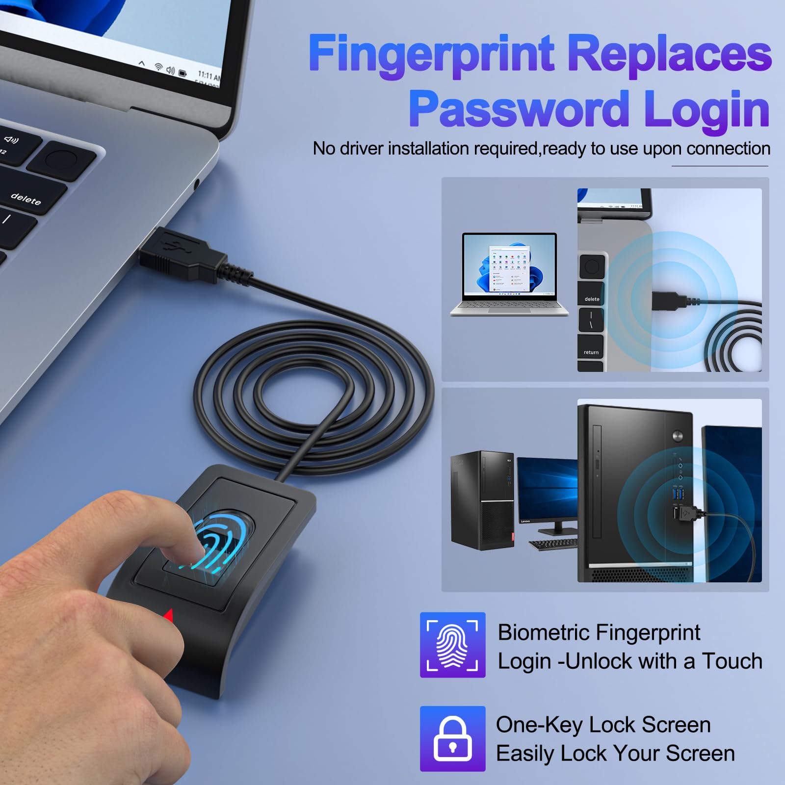 Lecteur d'empreintes digitales USB-A pour Windows 10/11,360 Degrés Tactile Lecteur Empreinte Digitale avec câble d'extension (1,5 m) sans Mot de Passe et chiffrement des fichiers,Plug&Play