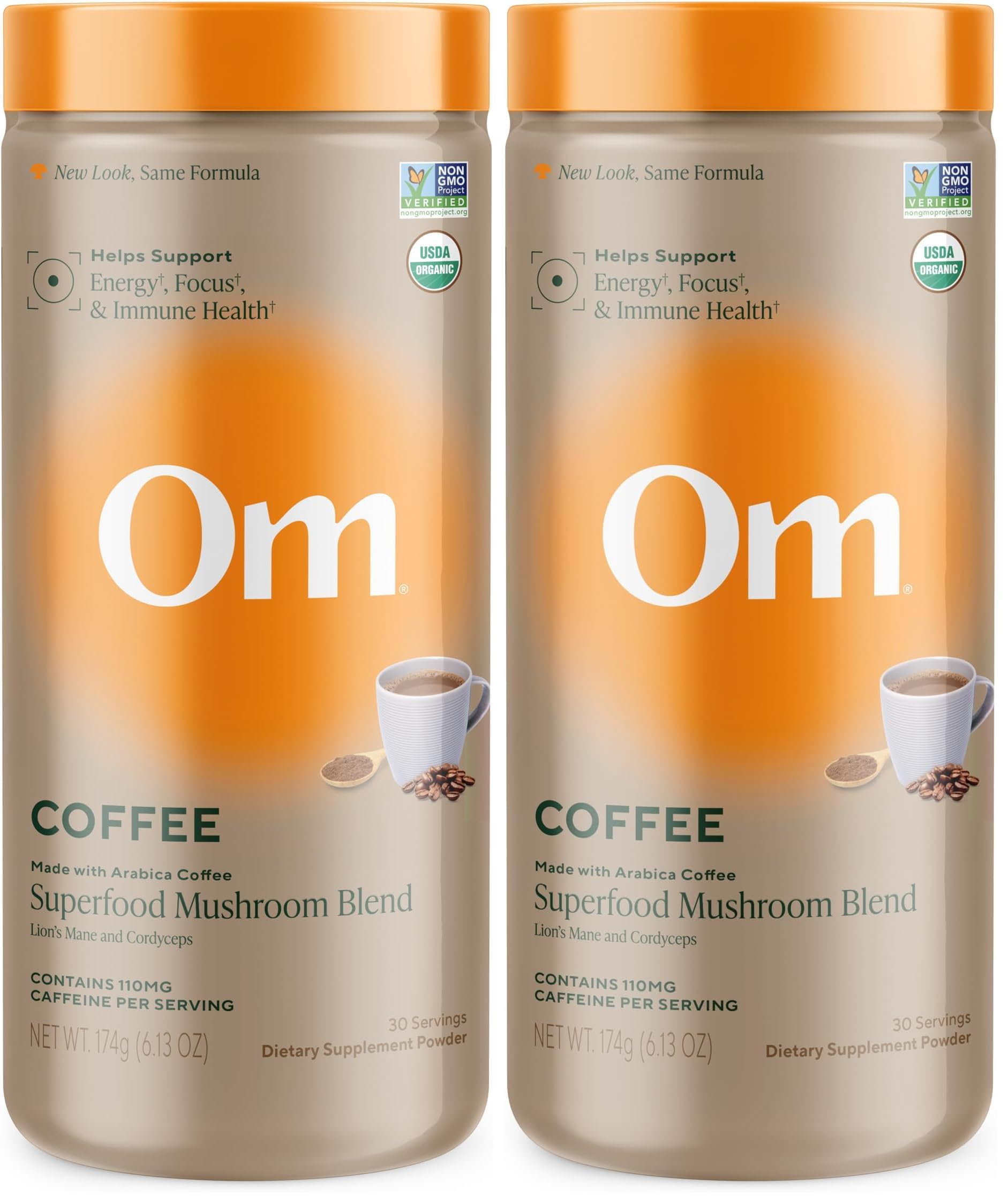 Om Mushroom Superfood Coffee Blend Mushroom Powder, 6.24 Ounce Canister, 30 Servings, Organic Arabica Beans, Lion's Mane, Cordyceps, Turkey Tail, Ginkgo Biloba, Supports Energy and Focus (Pack of 2)