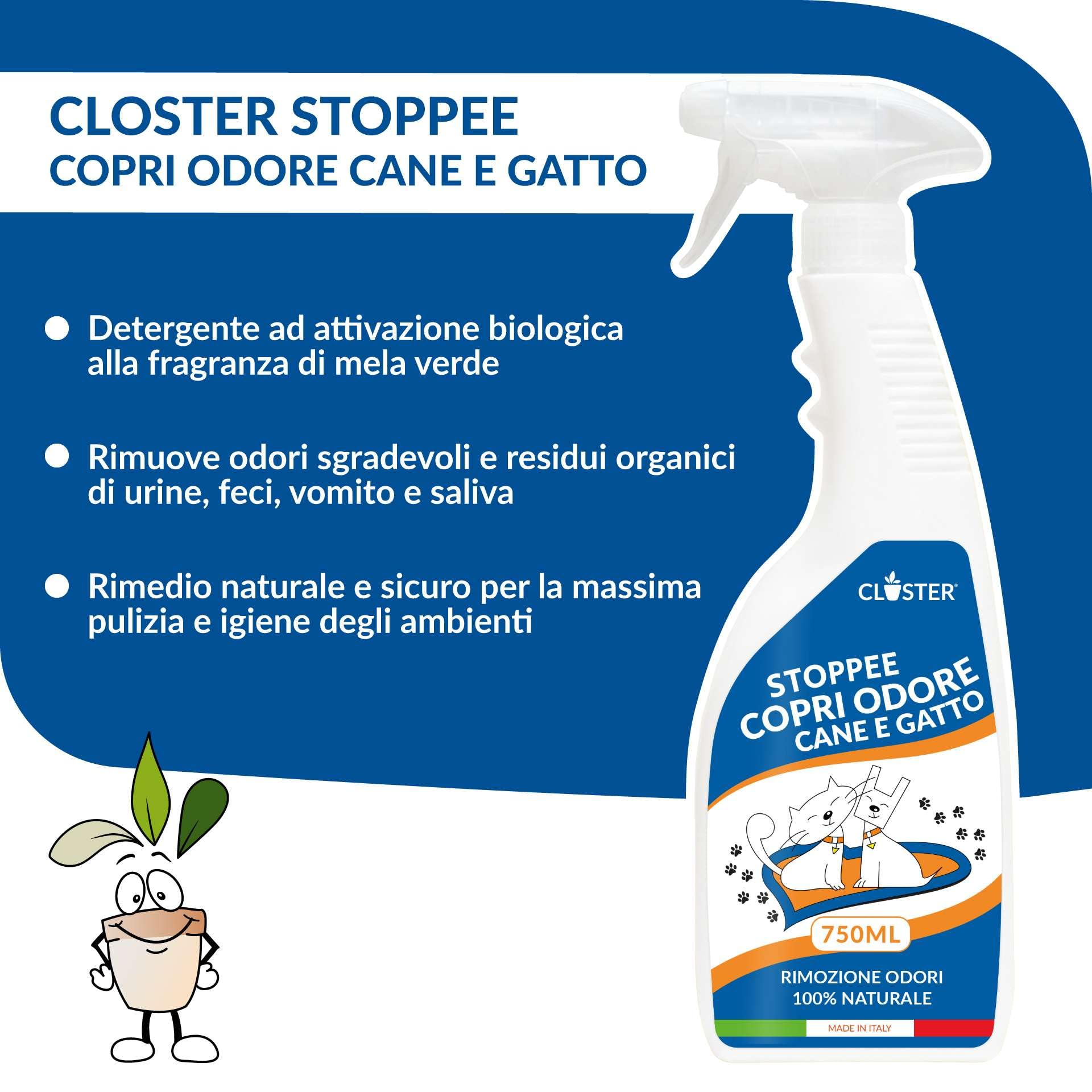 CLOSTER STOPPEE Elimina Odori e Pulisce Urina Feci Cani Gatti (750 ml) | Rimuovi Odori Igienizzante Spray per Pulizia Lettiera, Divani, Sedile Auto - Antiodore Enzimatico al Profumo di Mela Verde