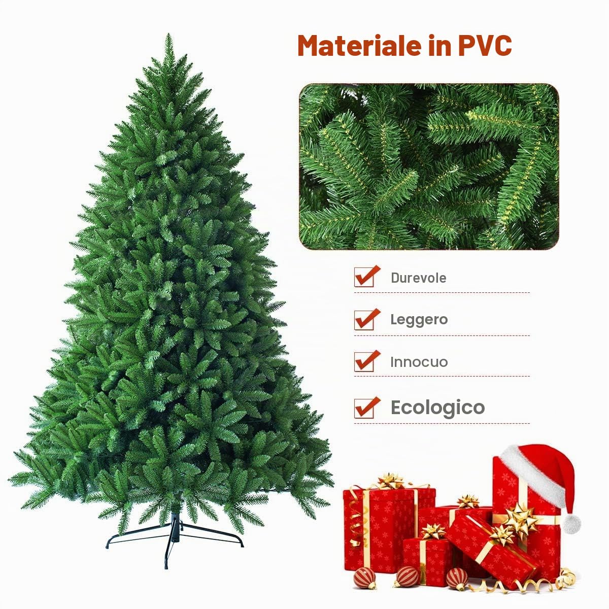 FANTASK - Albero di Natale artificiale, albero in PVC con sistema pieghevole, aghi in PVC con supporto in metallo, ideale per Natale, albero di Natale perfetto per casa, ufficio, negozio (180 cm)