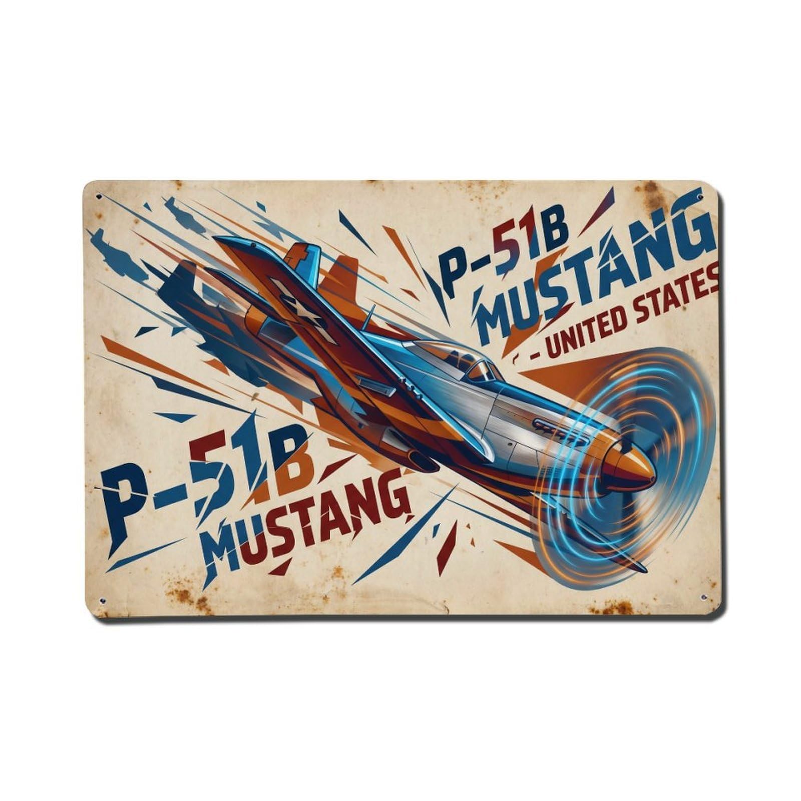 Classic Geometry P-51B Mustang Fighter Aircraft Metal Tin Sign Plaque Wall Decor for Cafe, Man Cave, Club Bar, Office, Home Garden Round Metal Poster 8x12Inch