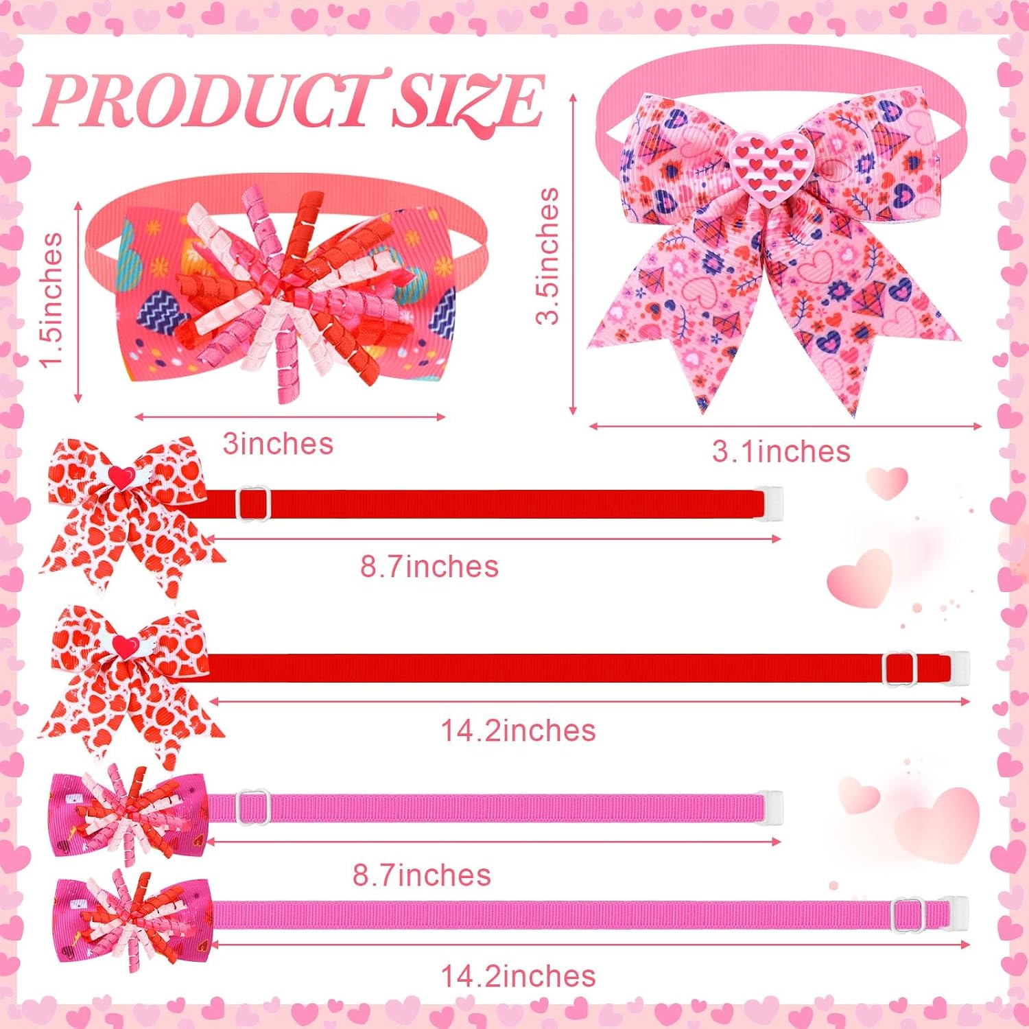 Huhumy 50 Pcs Valentine's Dog Bow Ties Valentine's Dog Collars Bulk Heart Pet Collar Neckties for Small Medium Pet Cat Outfit Accessories Party Supplies